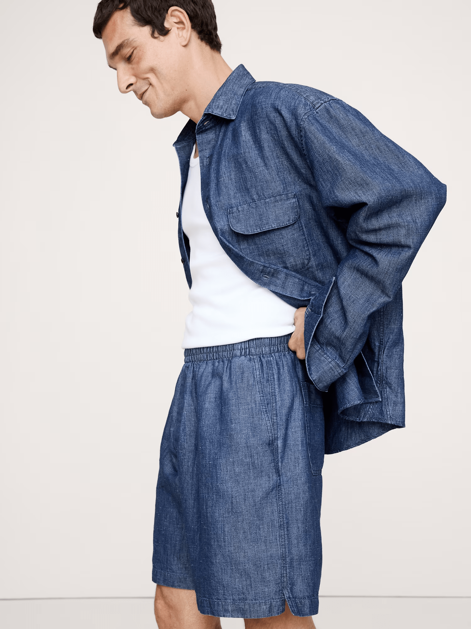 ceehuteey Men's 2 Pieces Cotton-Hemp Chambray stylish Pull-On Short Notch Lapel Summer Shorts Set Suit (Blazer+Pants)