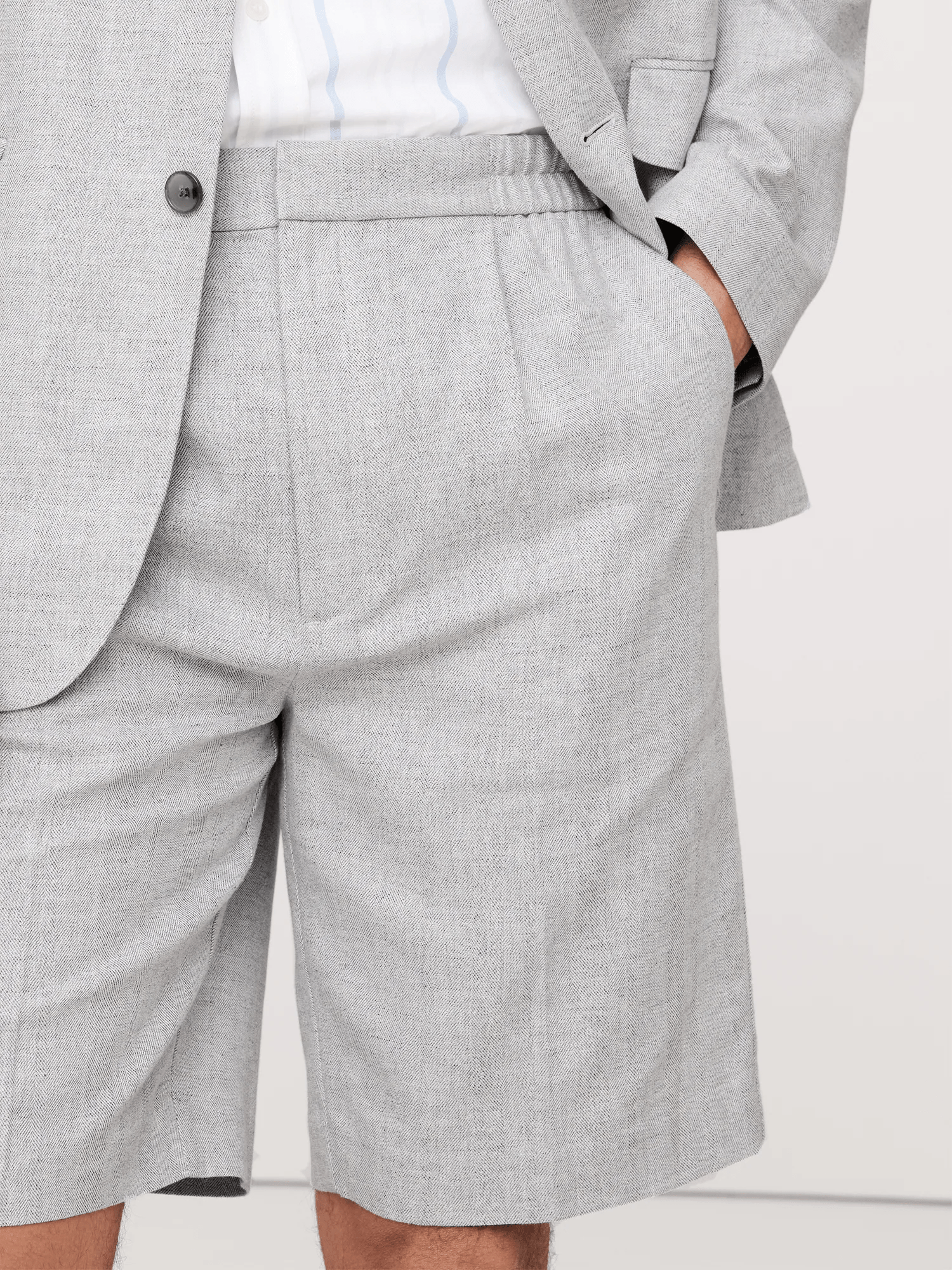 ceehuteey Men's 2 Pieces Cotton-Linen stylish Light Grey Notch Lapel Summer Leisure Cotton Shorts Set Suit Jacket (Blazer+Pants)
