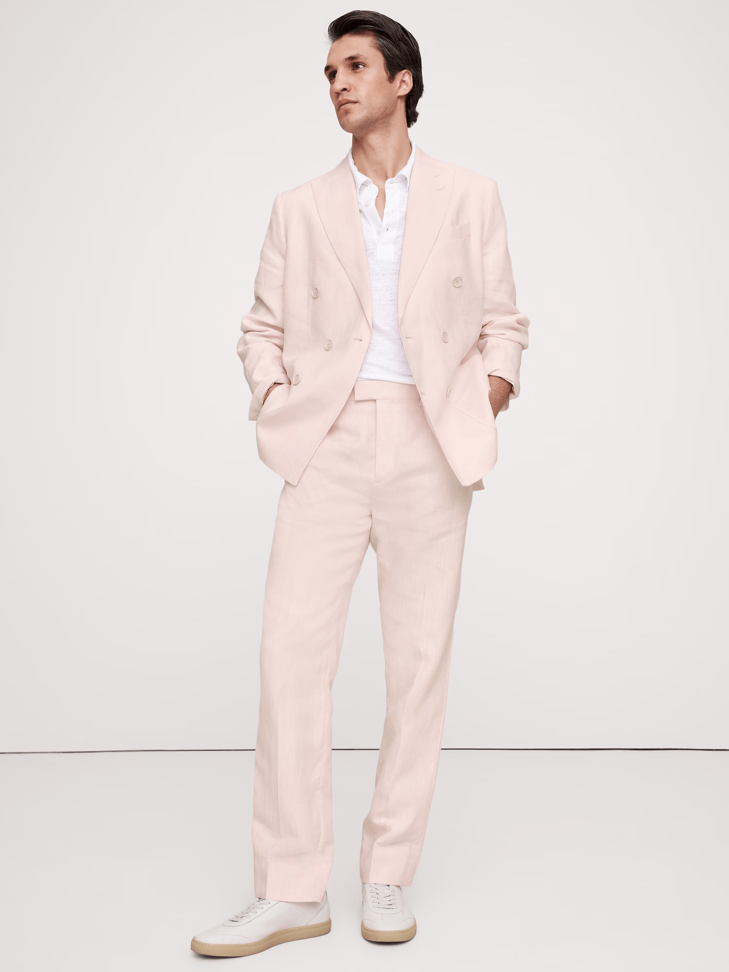 ceehuteey Men's 2 Pieces Cotton-Linen stylish Pink Peak lapel Double Breasted Summer Leisure Suit Jacket (Blazer+Pants)