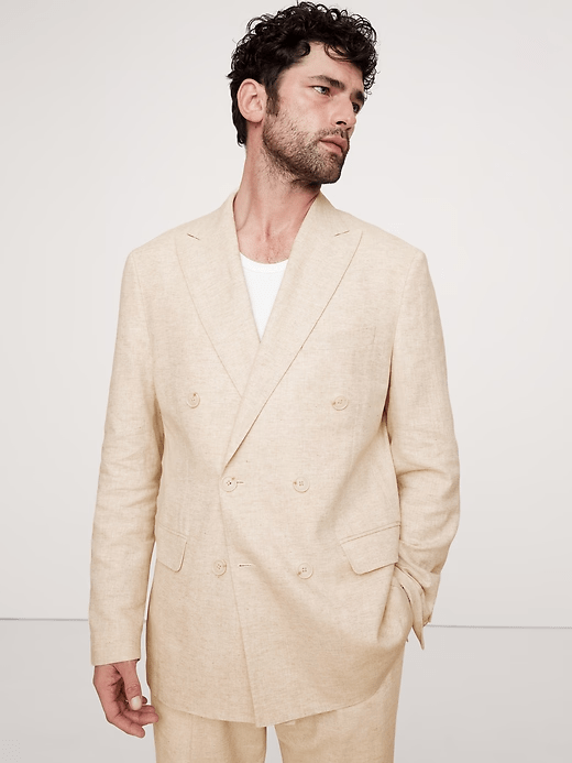 ceehuteey Men's 2 Pieces Cotton-Linen Tencel stylish Beige Peak lapel Double Breasted Summer Leisure Suit Jacket (Blazer+Pants)