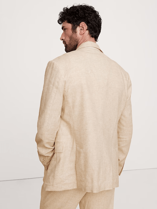 ceehuteey Men's 2 Pieces Cotton-Linen Tencel stylish Beige Peak lapel Double Breasted Summer Leisure Suit Jacket (Blazer+Pants)