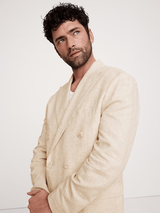 ceehuteey Men's 2 Pieces Cotton-Linen Tencel stylish Beige Peak lapel Double Breasted Summer Leisure Suit Jacket (Blazer+Pants)