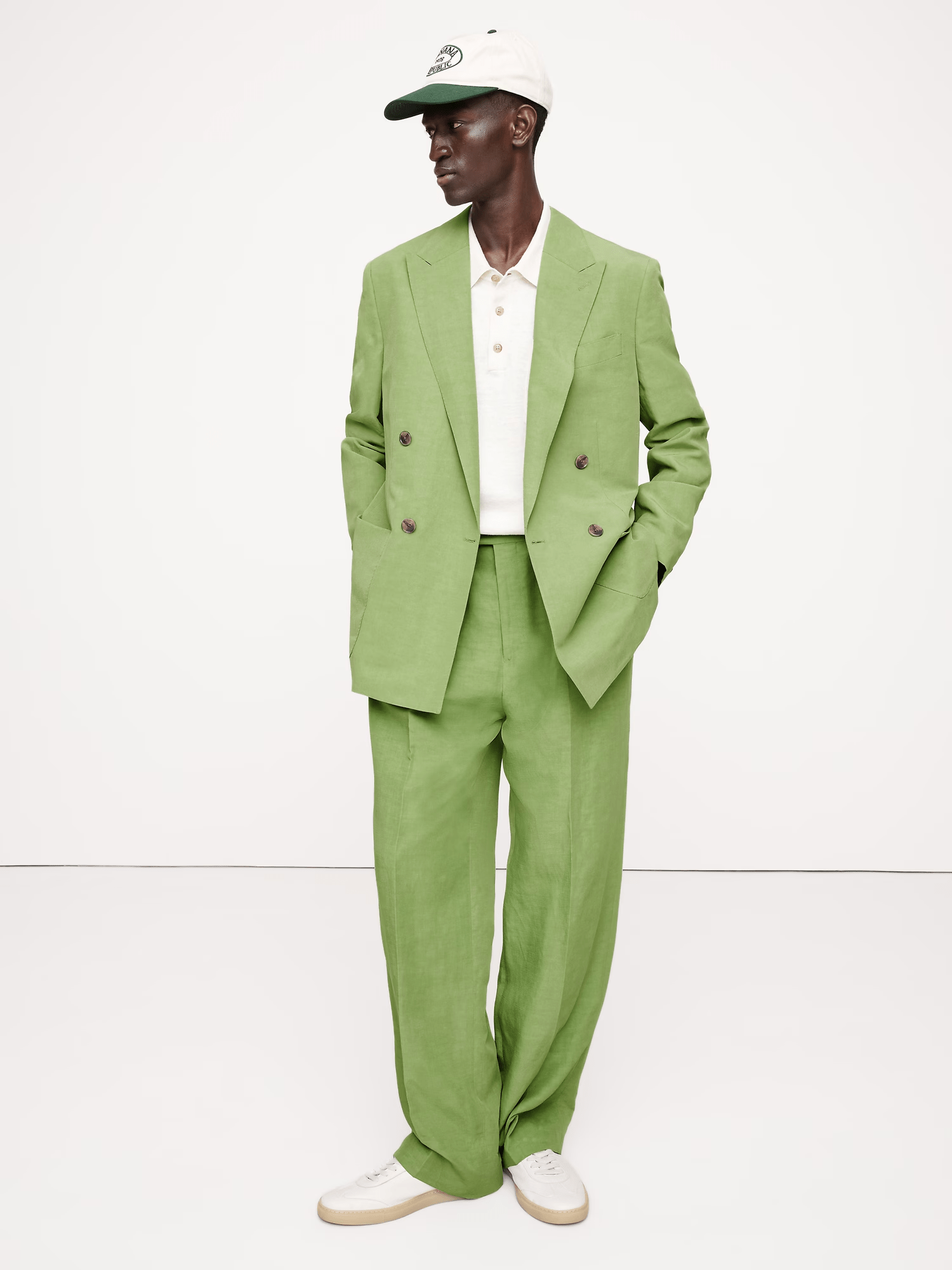 ceehuteey Men's 2 Pieces Cotton-Linen Tencel stylish Green Peak lapel Double Breasted Summer Leisure Suit Jacket (Blazer+Pants)
