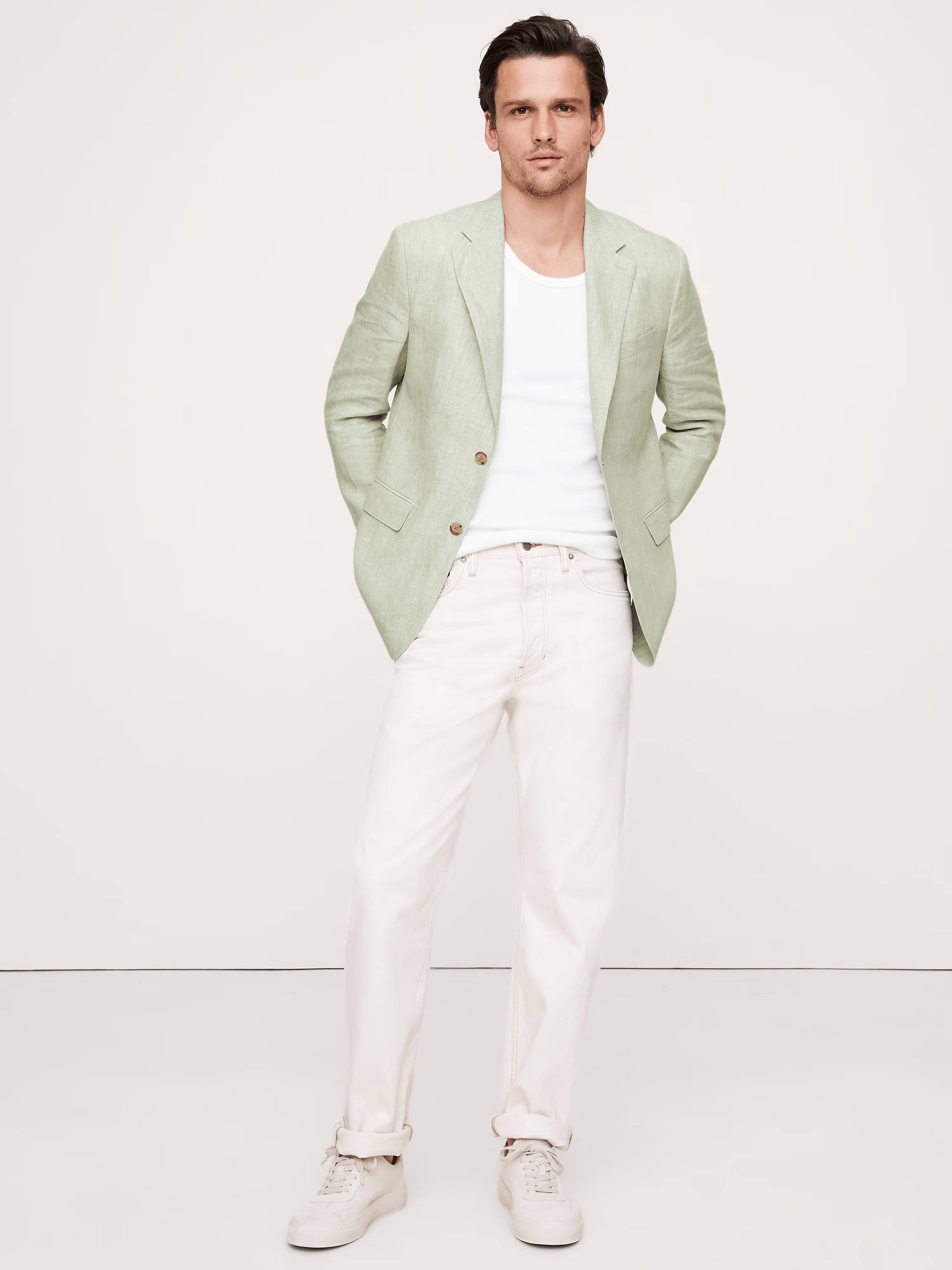 ceehuteey Men's 2 Pieces Cotton-Linen Tencel stylish Light Green Handsome Notch Lapel Summer Leisure Suit Jacket (Blazer+Pants)