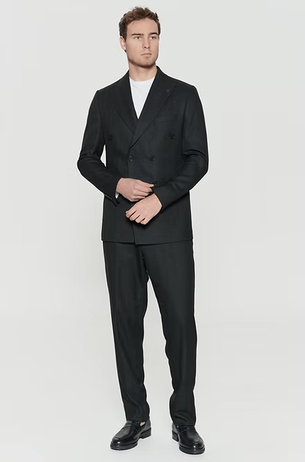 ceehuteey Men's 2 Pieces Flat Tencel stylish Black Peak lapel Double Breasted Suit (Blazer+Pants)