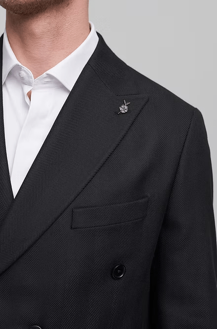 ceehuteey Men's 2 Pieces Flat Tencel stylish Black Peak lapel Double Breasted Suit (Blazer+Pants)