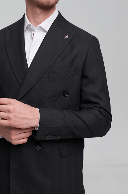 ceehuteey Men's 2 Pieces Flat Tencel stylish Black Peak lapel Double Breasted Suit (Blazer+Pants)