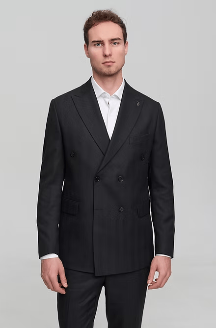 ceehuteey Men's 2 Pieces Flat Tencel stylish Black Peak lapel Double Breasted Suit (Blazer+Pants)