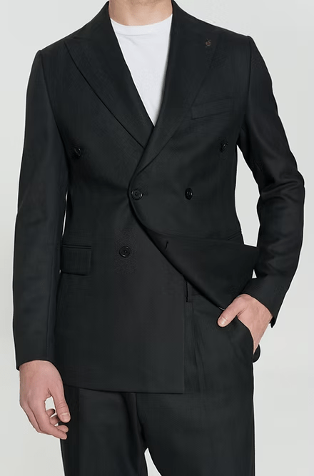 ceehuteey Men's 2 Pieces Flat Tencel stylish Black Peak lapel Double Breasted Suit (Blazer+Pants)