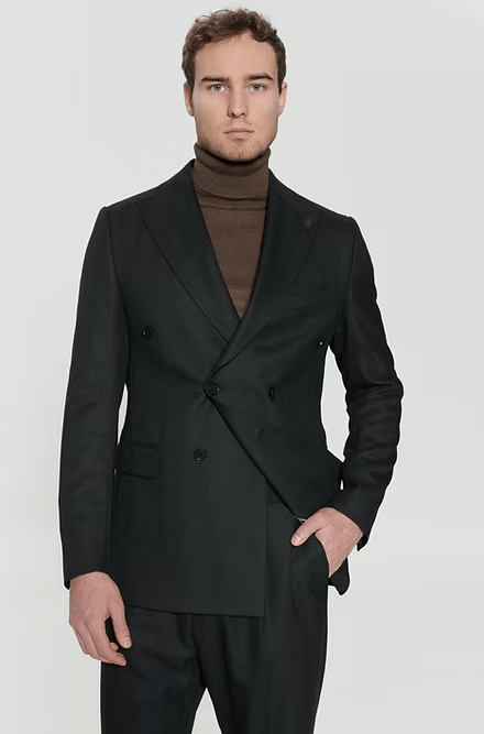 ceehuteey Men's 2 Pieces Flat Tencel stylish Black Peak lapel Double Breasted Suit (Blazer+Pants)