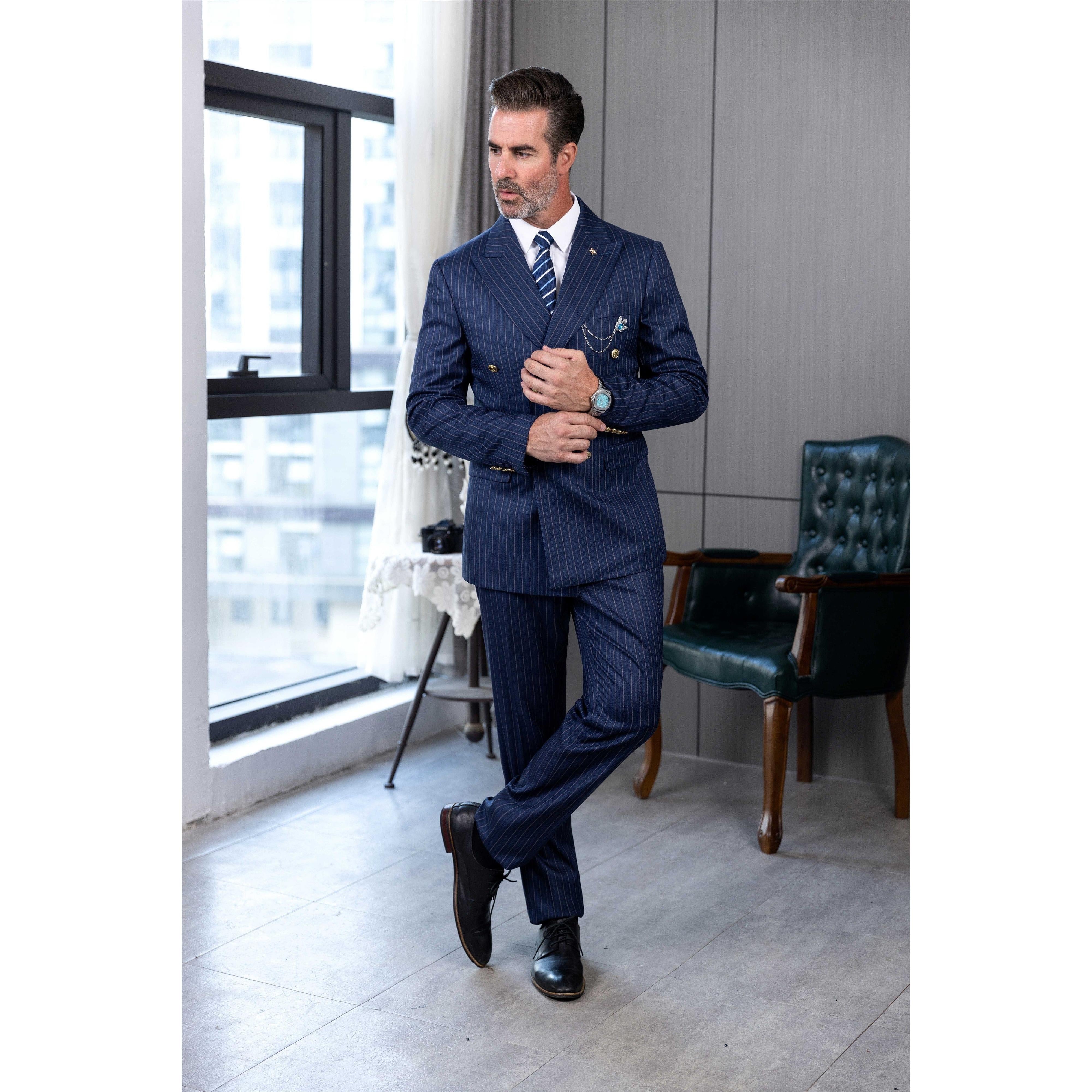 ceehuteey Men's 2 Pieces Formal Pinstripe Suit Peak Lapel Striped Tuxedos (Blazer+Pants)