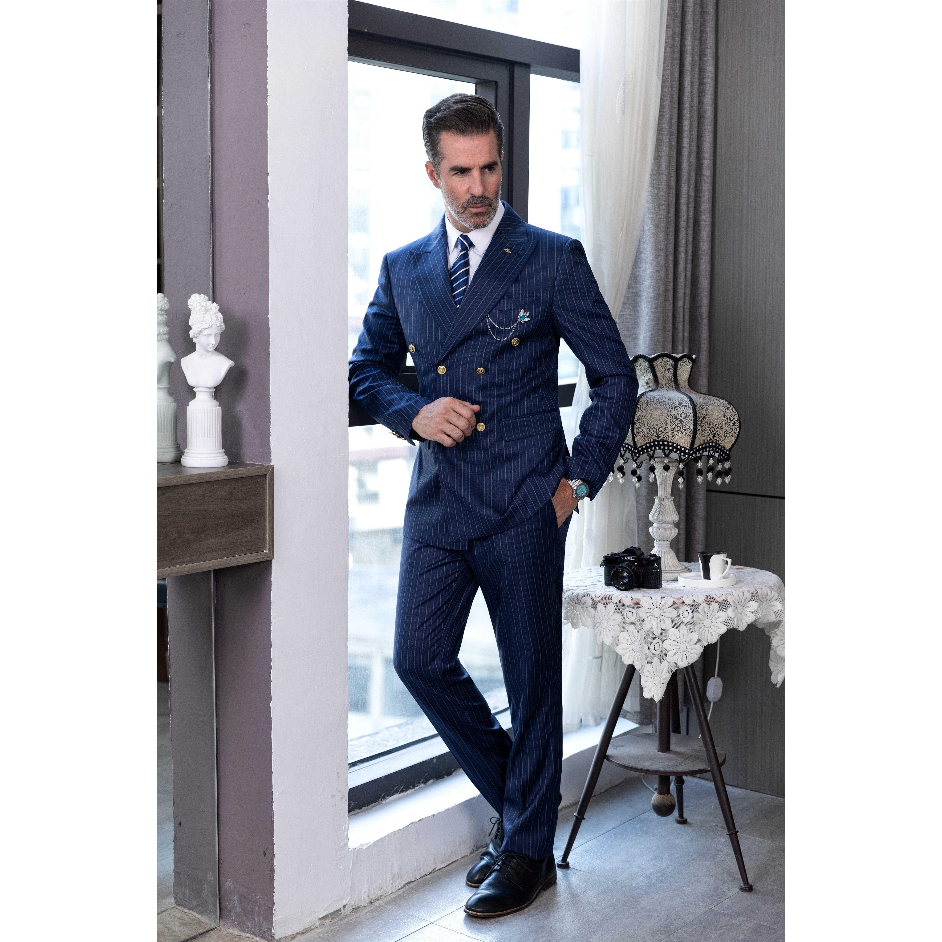 ceehuteey Men's 2 Pieces Formal Pinstripe Suit Peak Lapel Striped Tuxedos (Blazer+Pants)