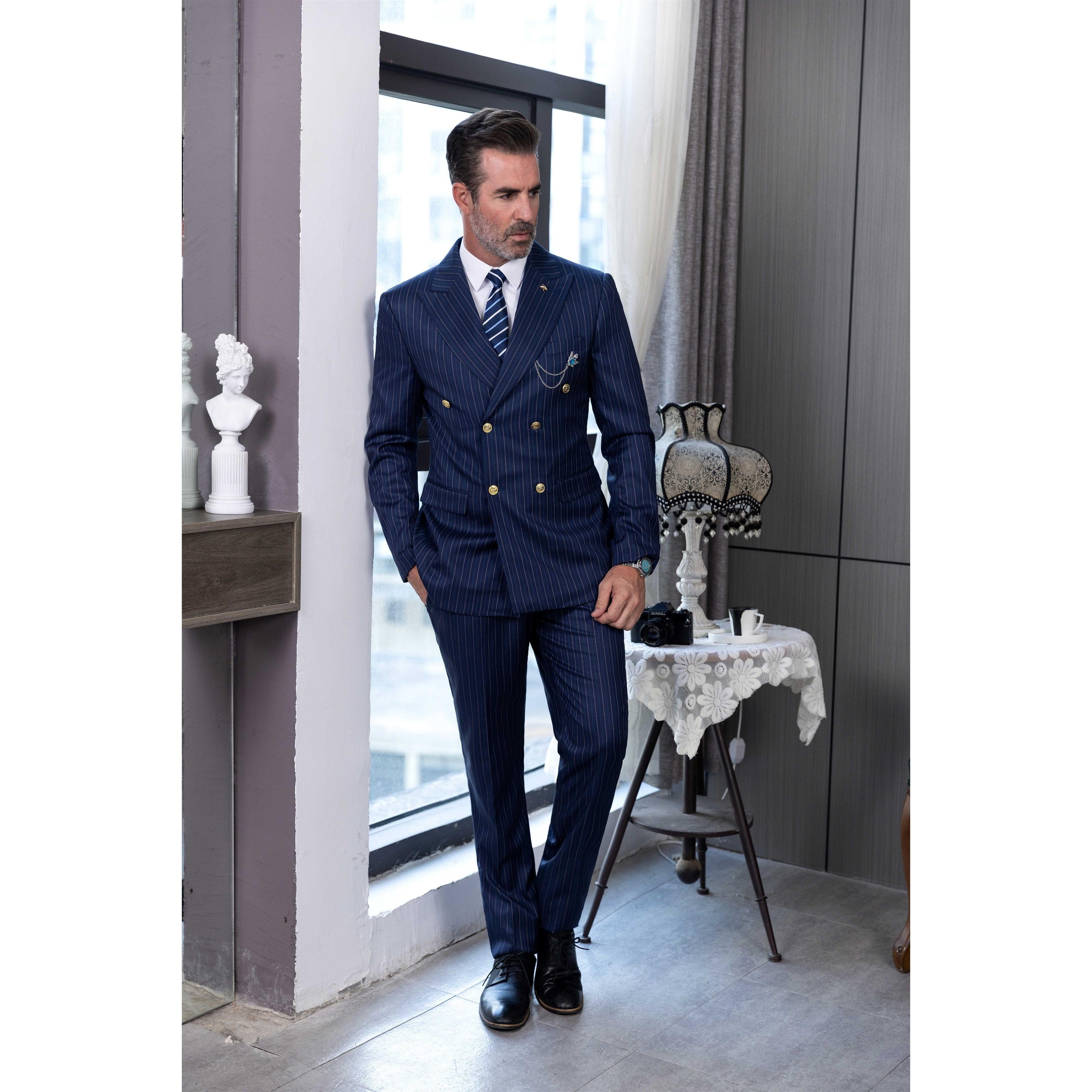 ceehuteey Men's 2 Pieces Formal Pinstripe Suit Peak Lapel Striped Tuxedos (Blazer+Pants)