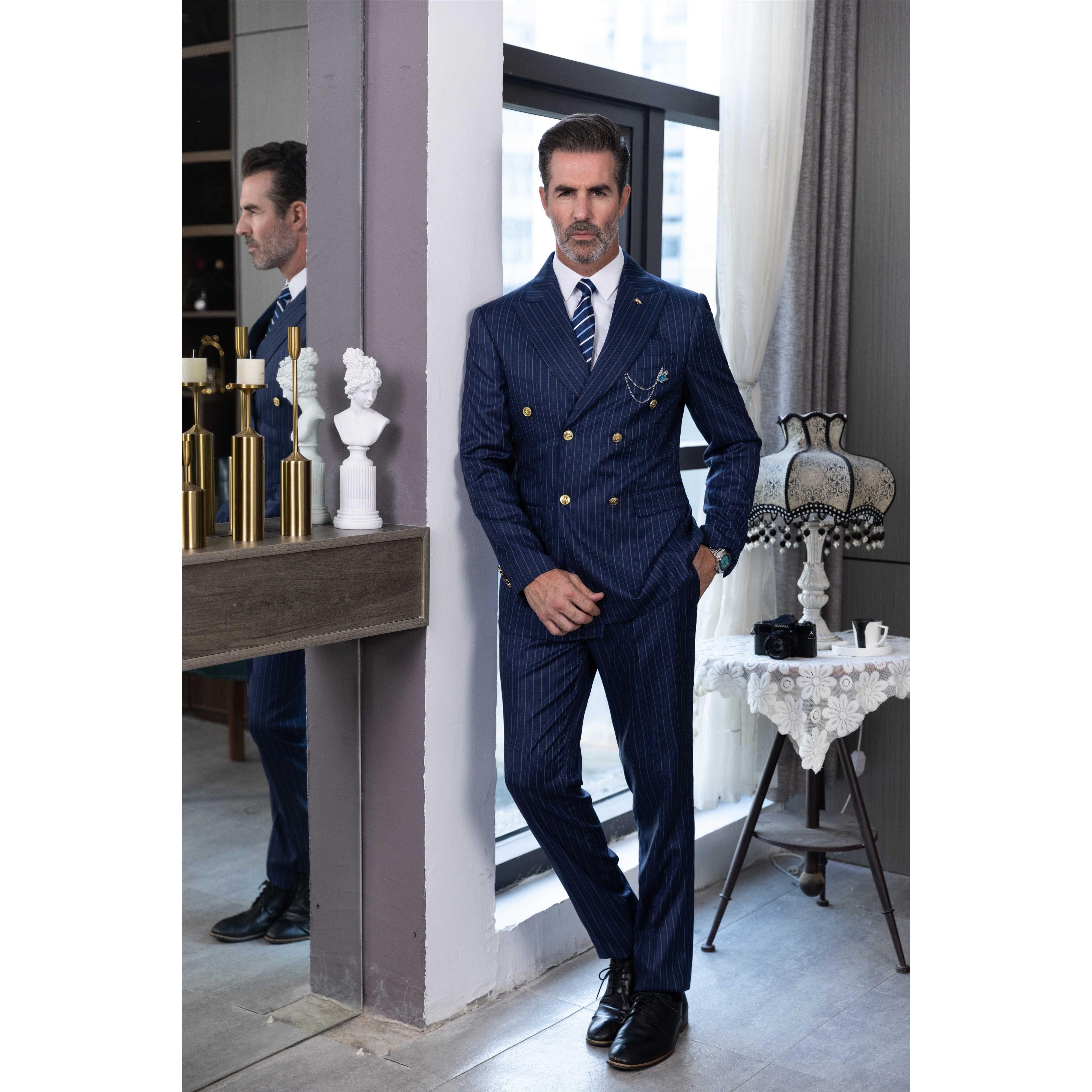 ceehuteey Men's 2 Pieces Formal Pinstripe Suit Peak Lapel Striped Tuxedos (Blazer+Pants)