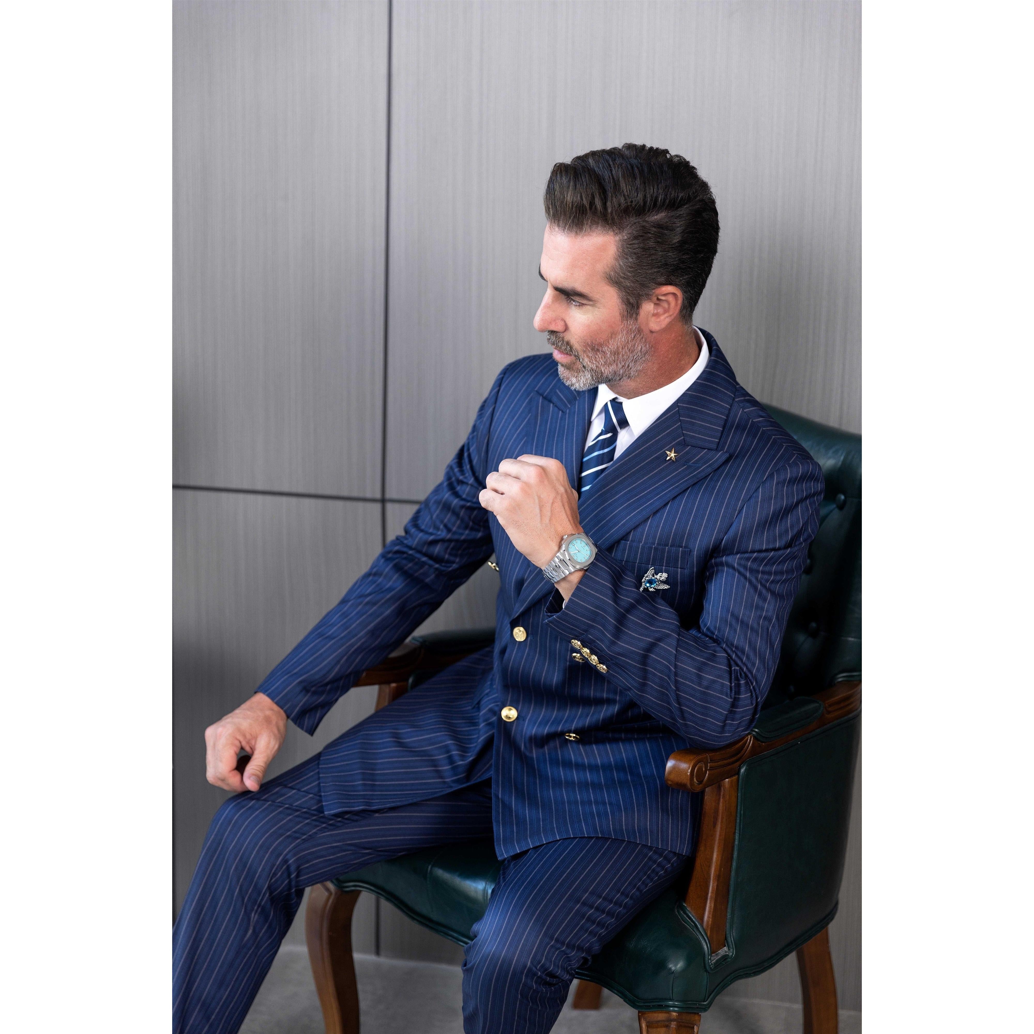 ceehuteey Men's 2 Pieces Formal Pinstripe Suit Peak Lapel Striped Tuxedos (Blazer+Pants)