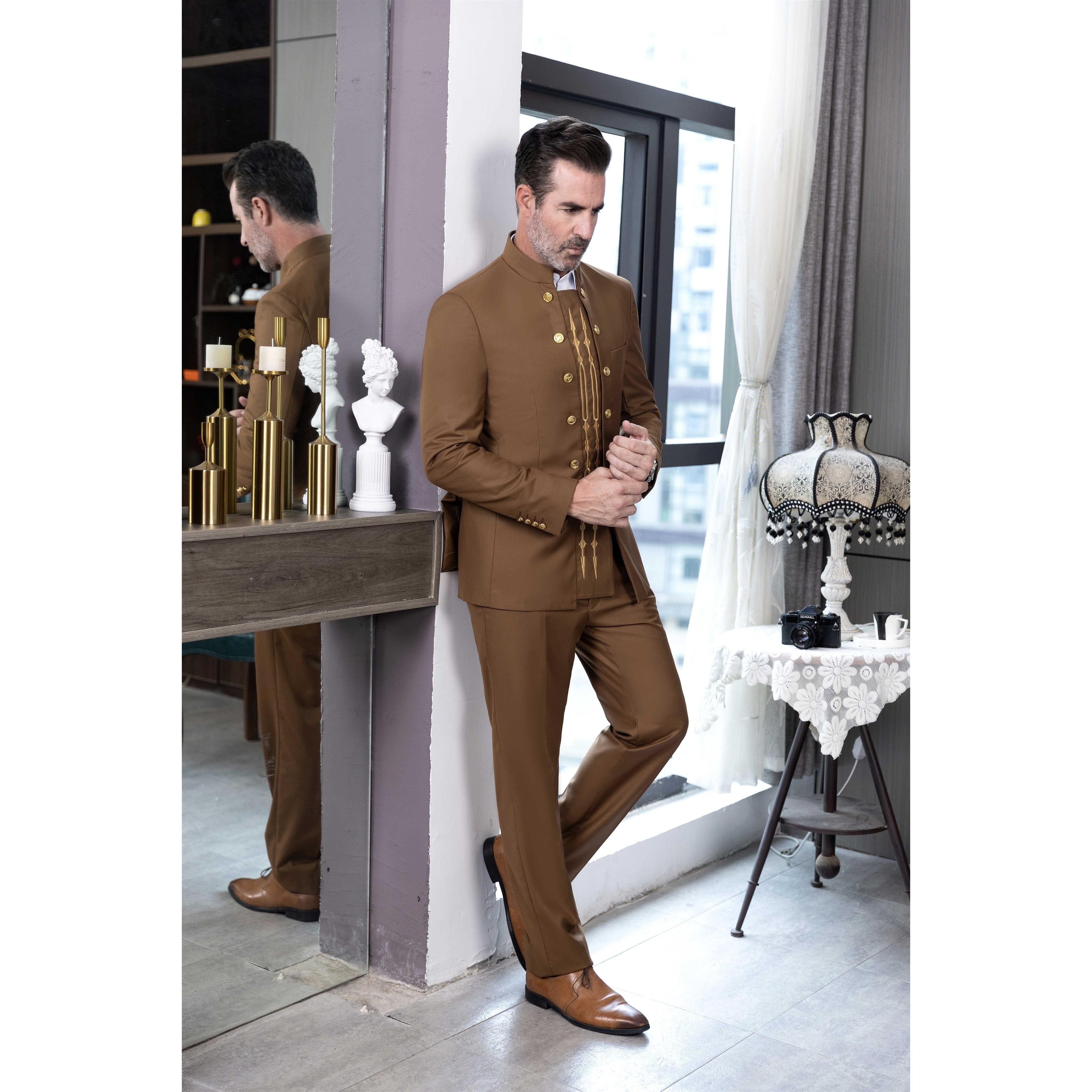 ceehuteey Men's 2 Pieces Stand Collar Chinese Classic Design Regular Fit Suits(Blazer+Pants)