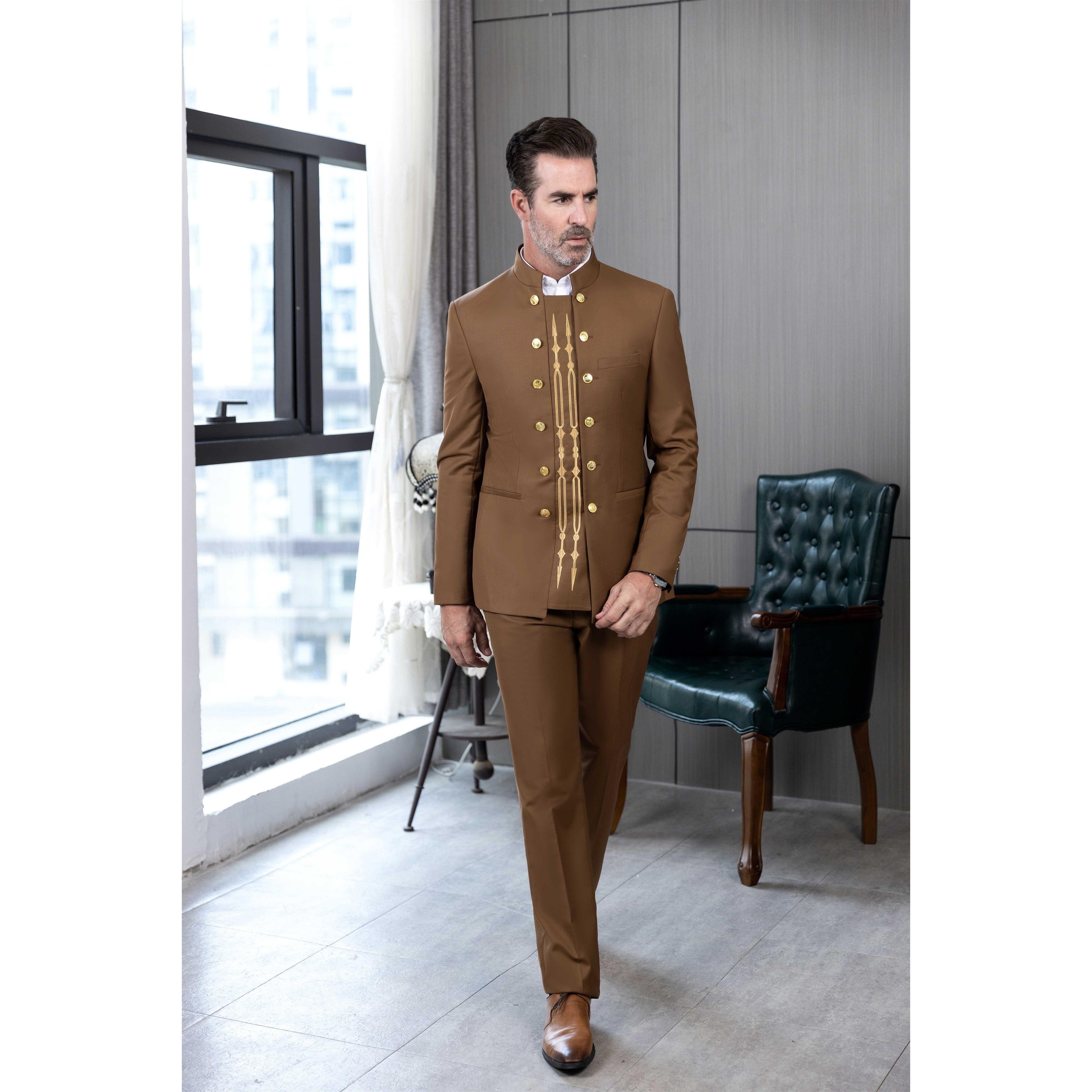 ceehuteey Men's 2 Pieces Stand Collar Chinese Classic Design Regular Fit Suits(Blazer+Pants)