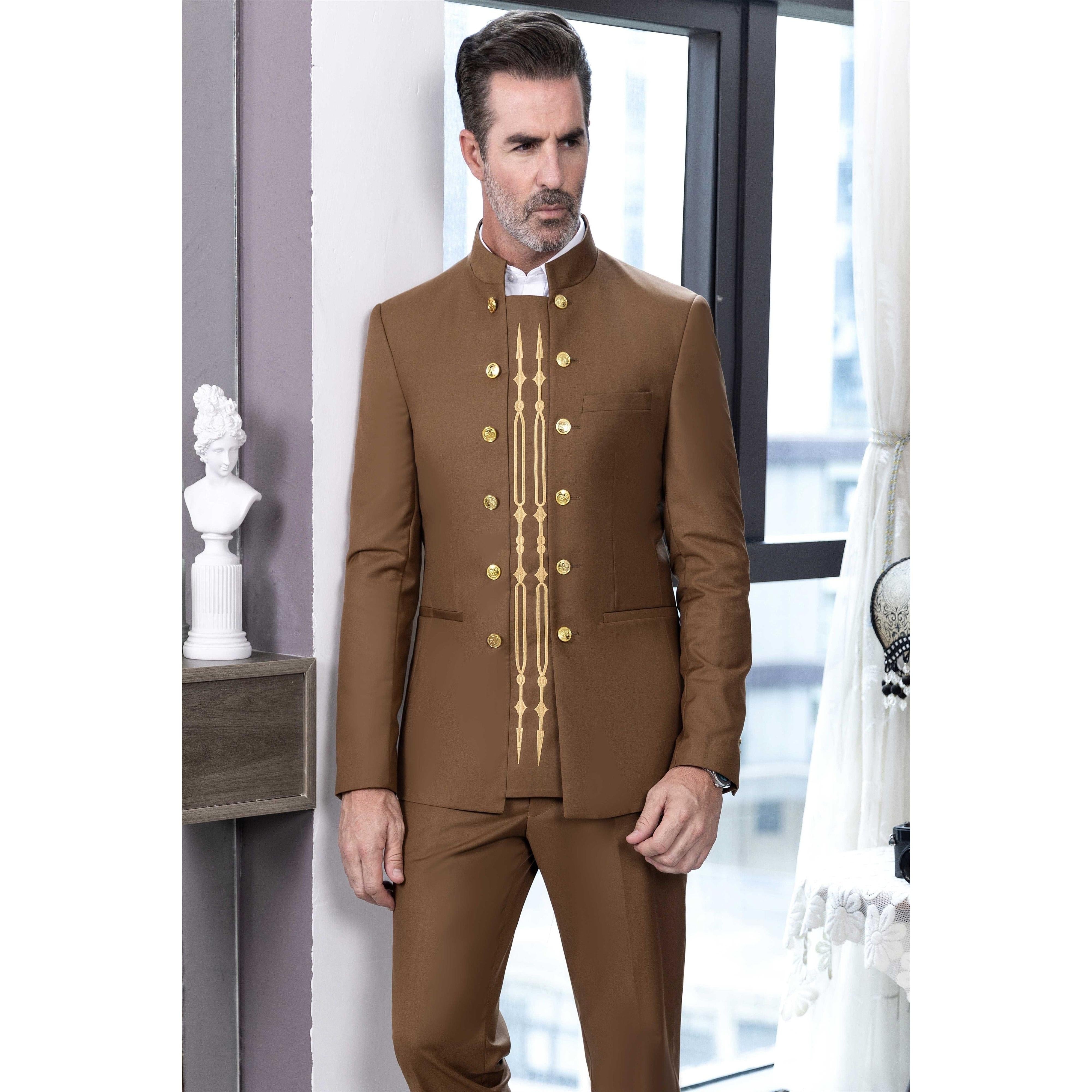 ceehuteey Men's 2 Pieces Stand Collar Chinese Classic Design Regular Fit Suits(Blazer+Pants)