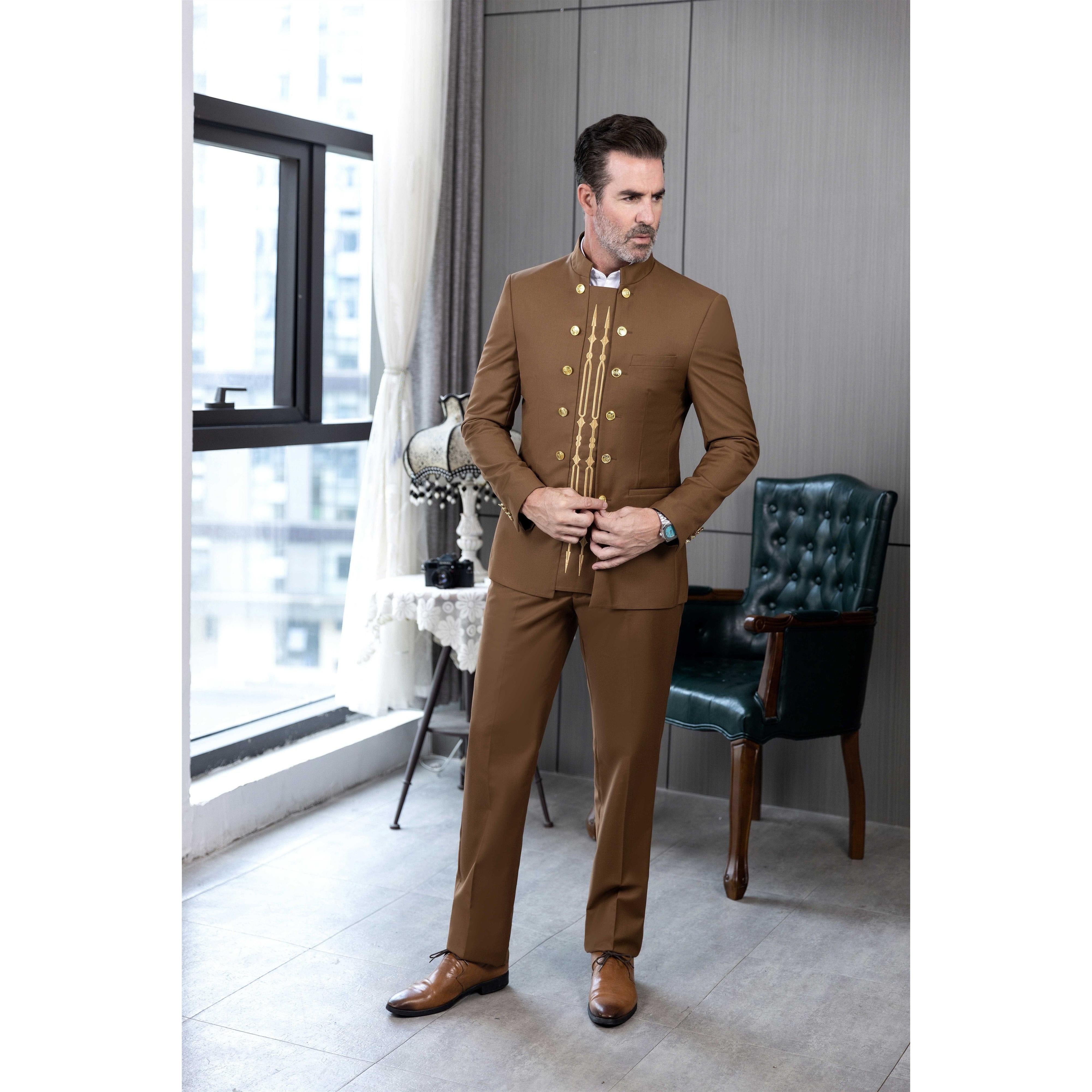 ceehuteey Men's 2 Pieces Stand Collar Chinese Classic Design Regular Fit Suits(Blazer+Pants)