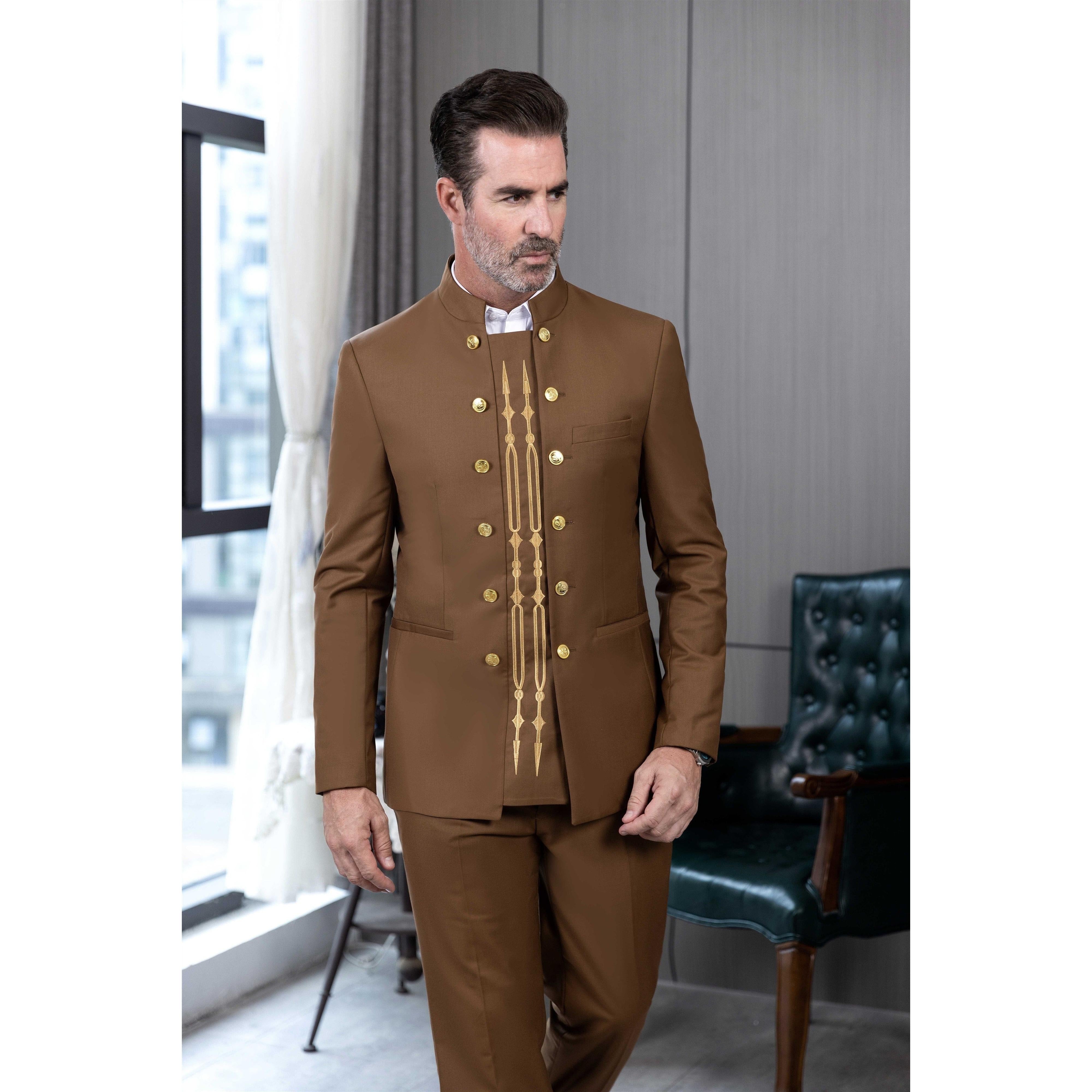 ceehuteey Men's 2 Pieces Stand Collar Chinese Classic Design Regular Fit Suits(Blazer+Pants)