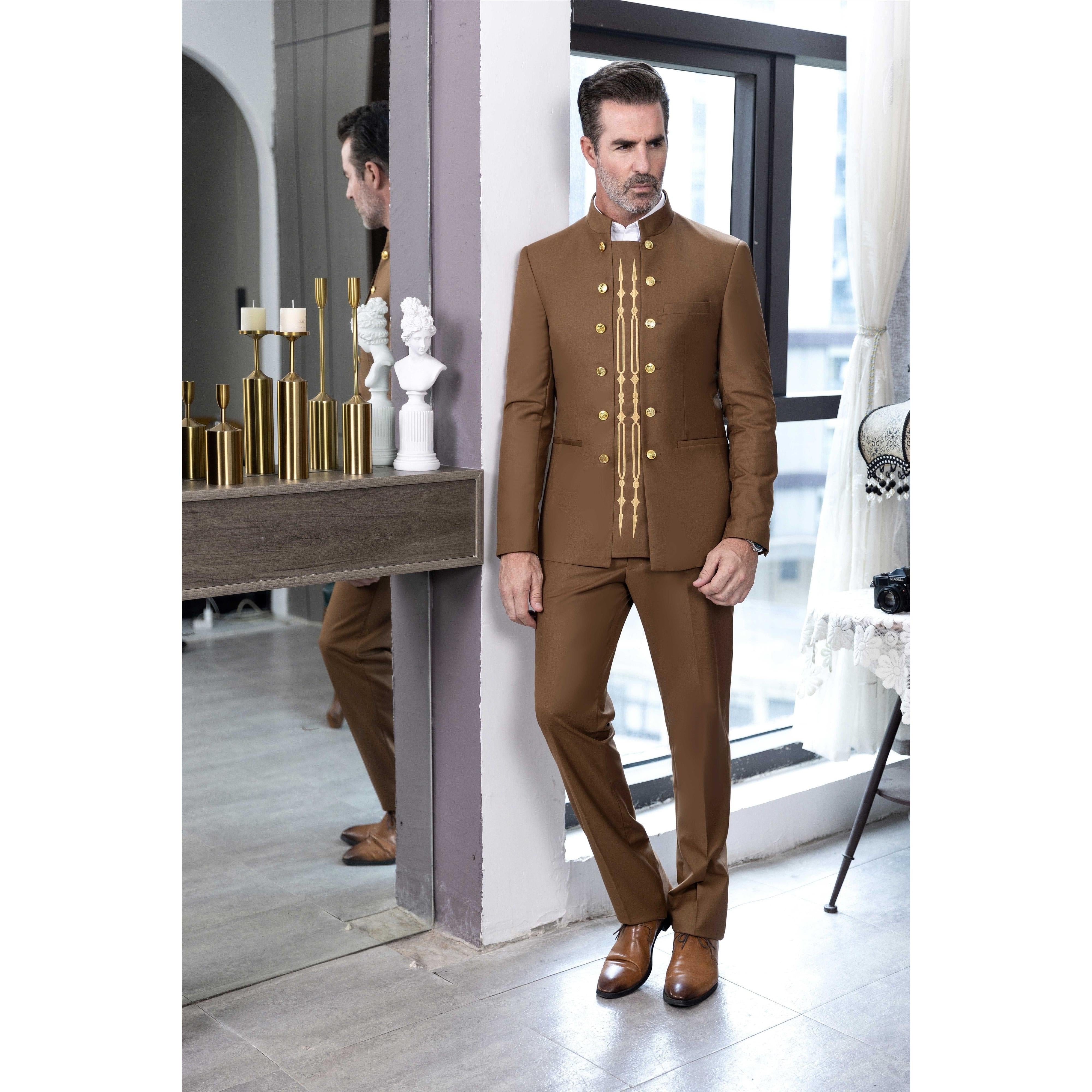 ceehuteey Men's 2 Pieces Stand Collar Chinese Classic Design Regular Fit Suits(Blazer+Pants)