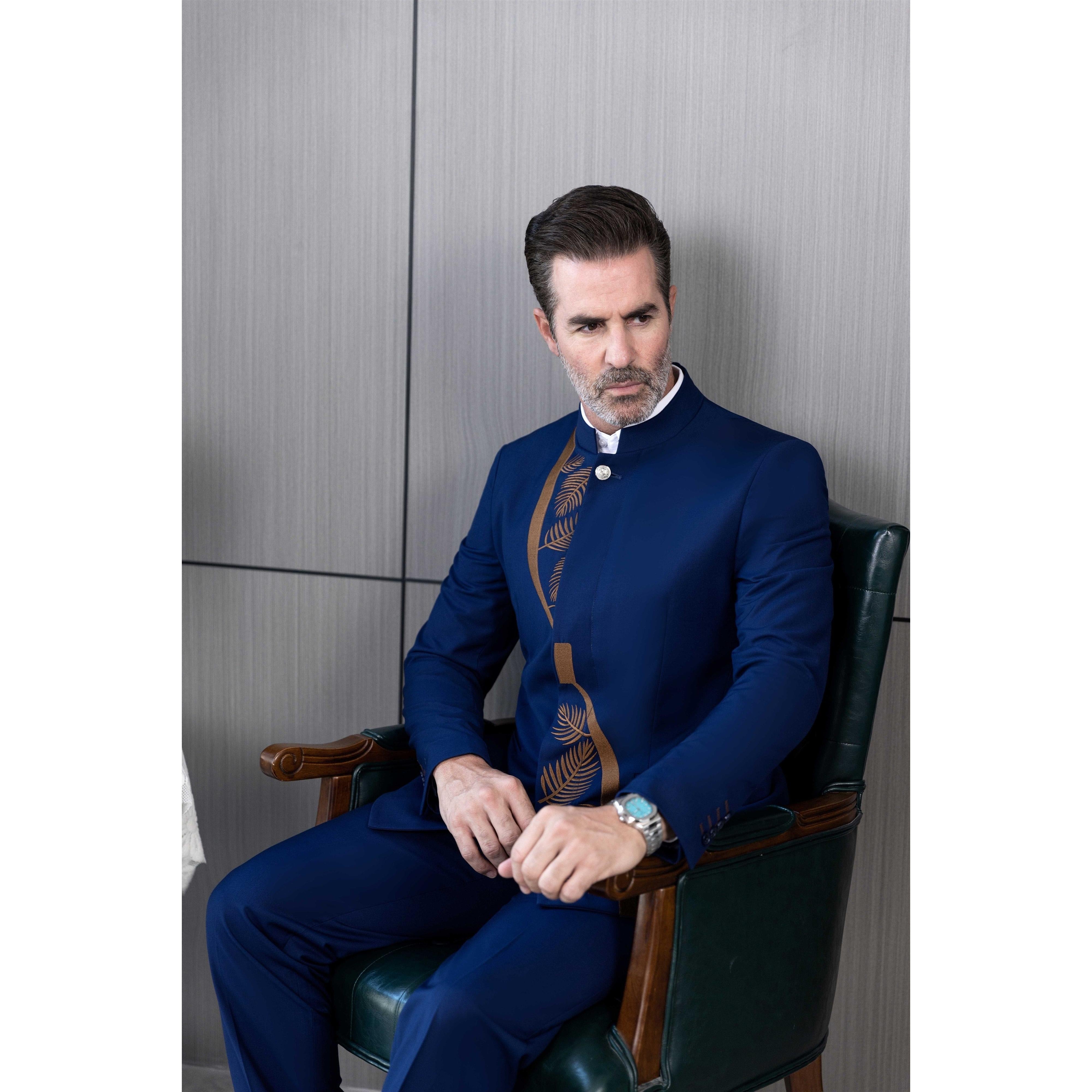 ceehuteey Men's 2 Pieces Suit Fashion Classic Stand Collar Patterned Suit