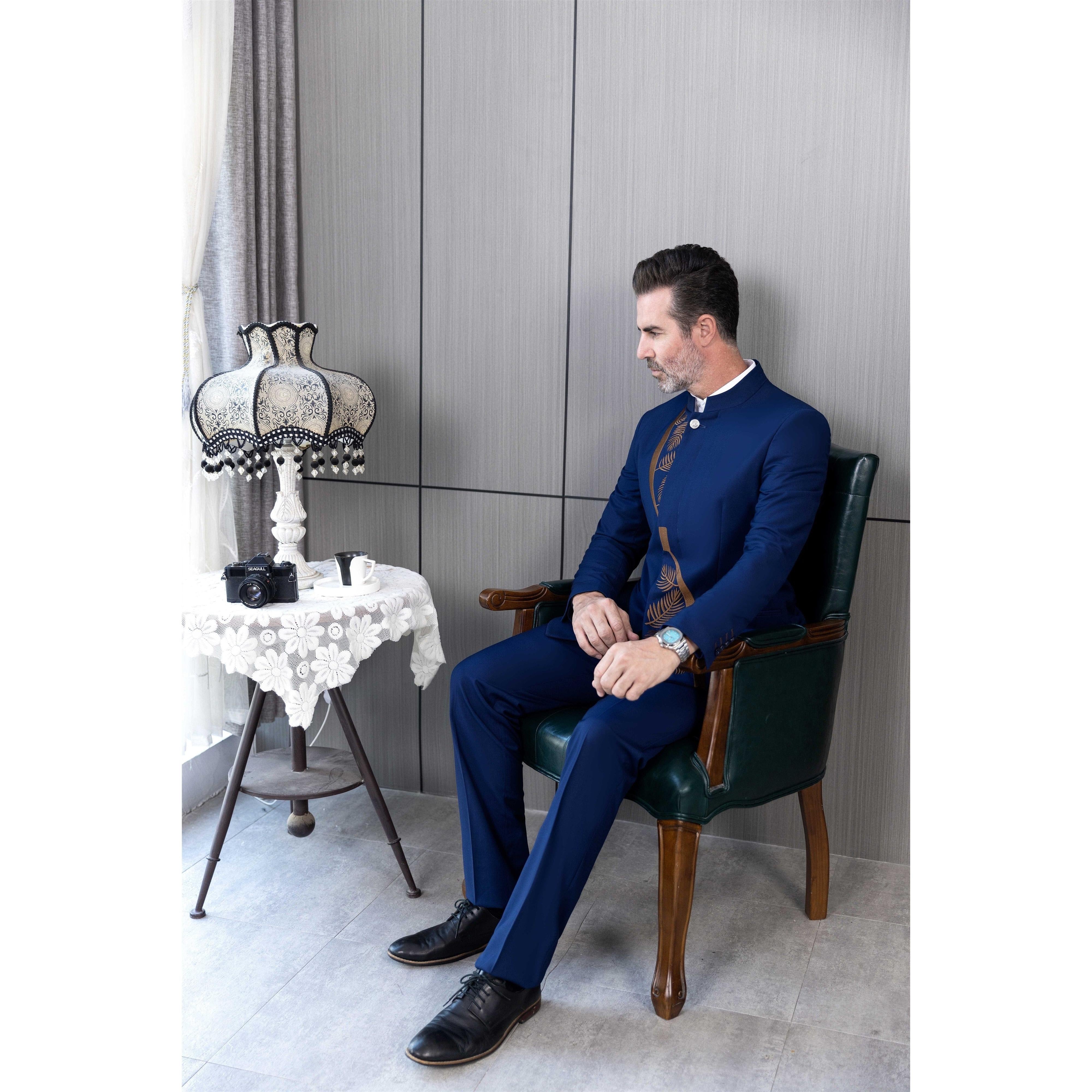 ceehuteey Men's 2 Pieces Suit Fashion Classic Stand Collar Patterned Suit