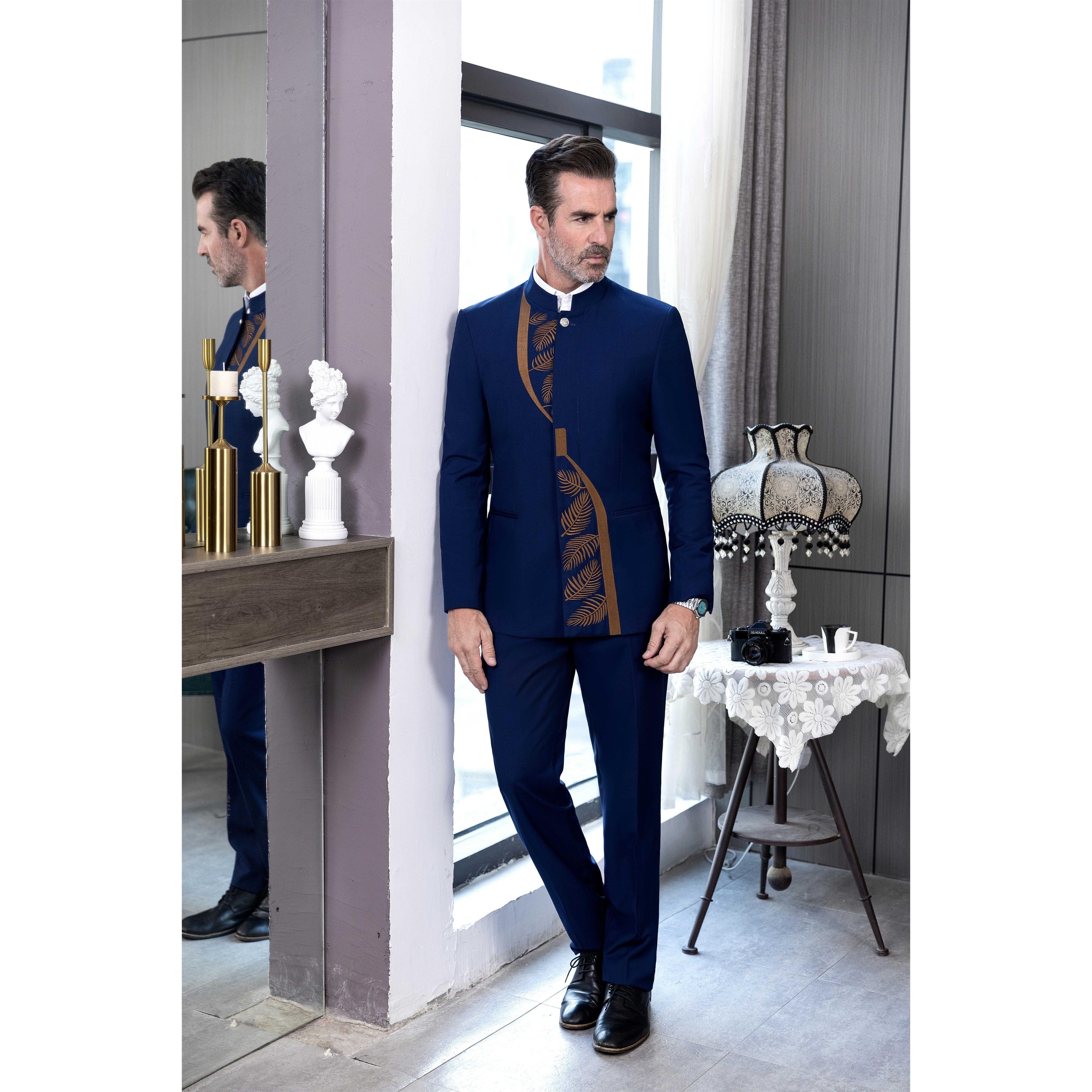 ceehuteey Men's 2 Pieces Suit Fashion Classic Stand Collar Patterned Suit