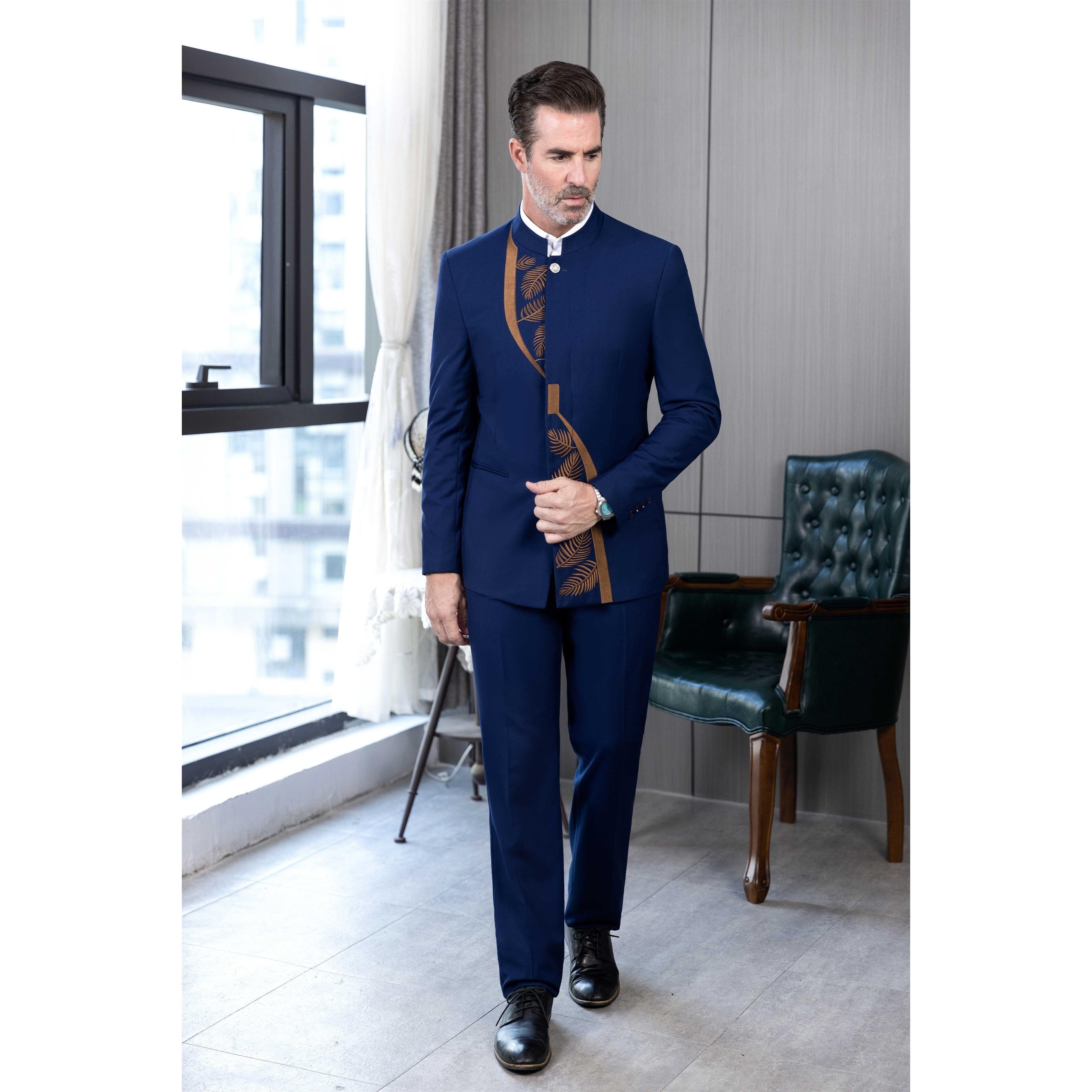 ceehuteey Men's 2 Pieces Suit Fashion Classic Stand Collar Patterned Suit