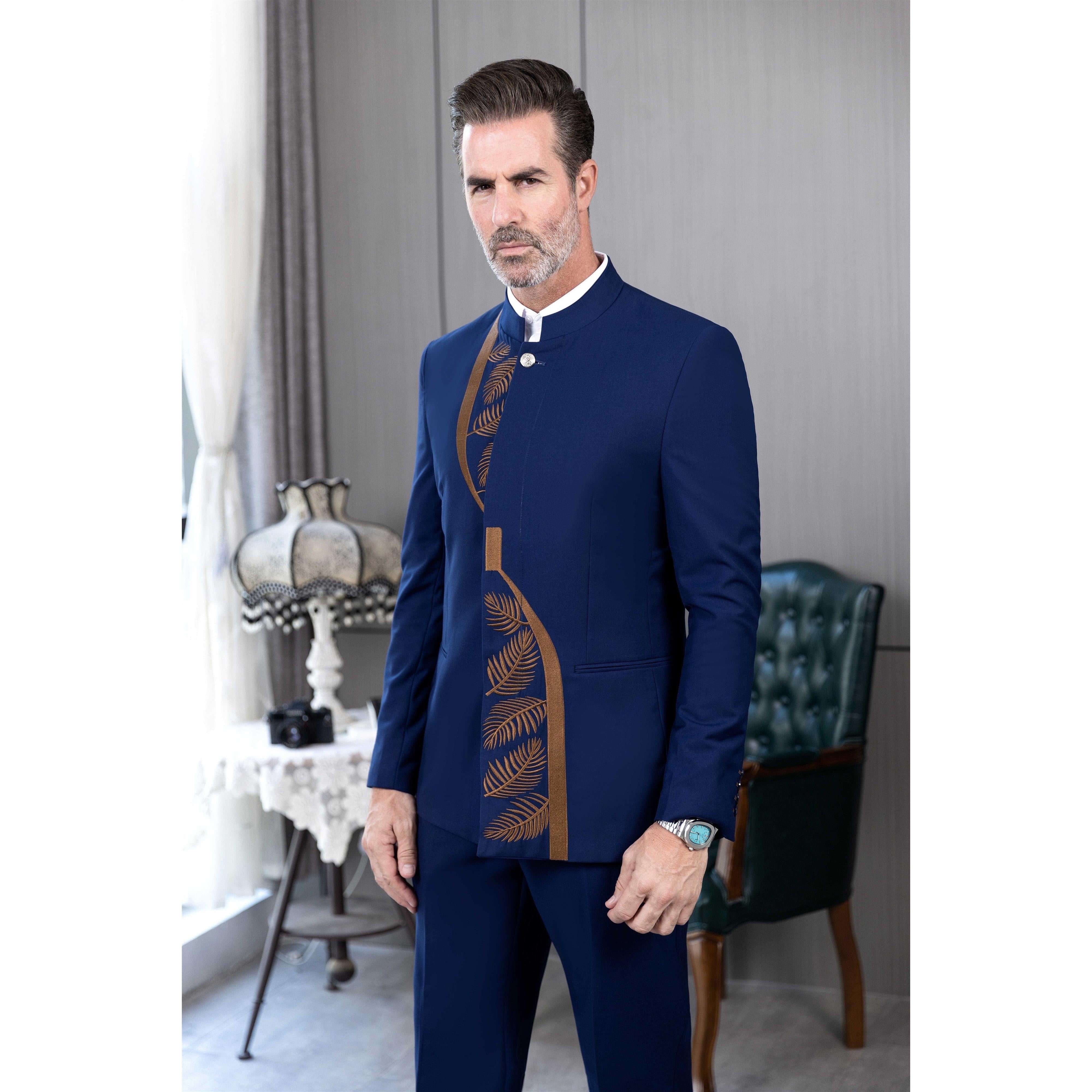 ceehuteey Men's 2 Pieces Suit Fashion Classic Stand Collar Patterned Suit