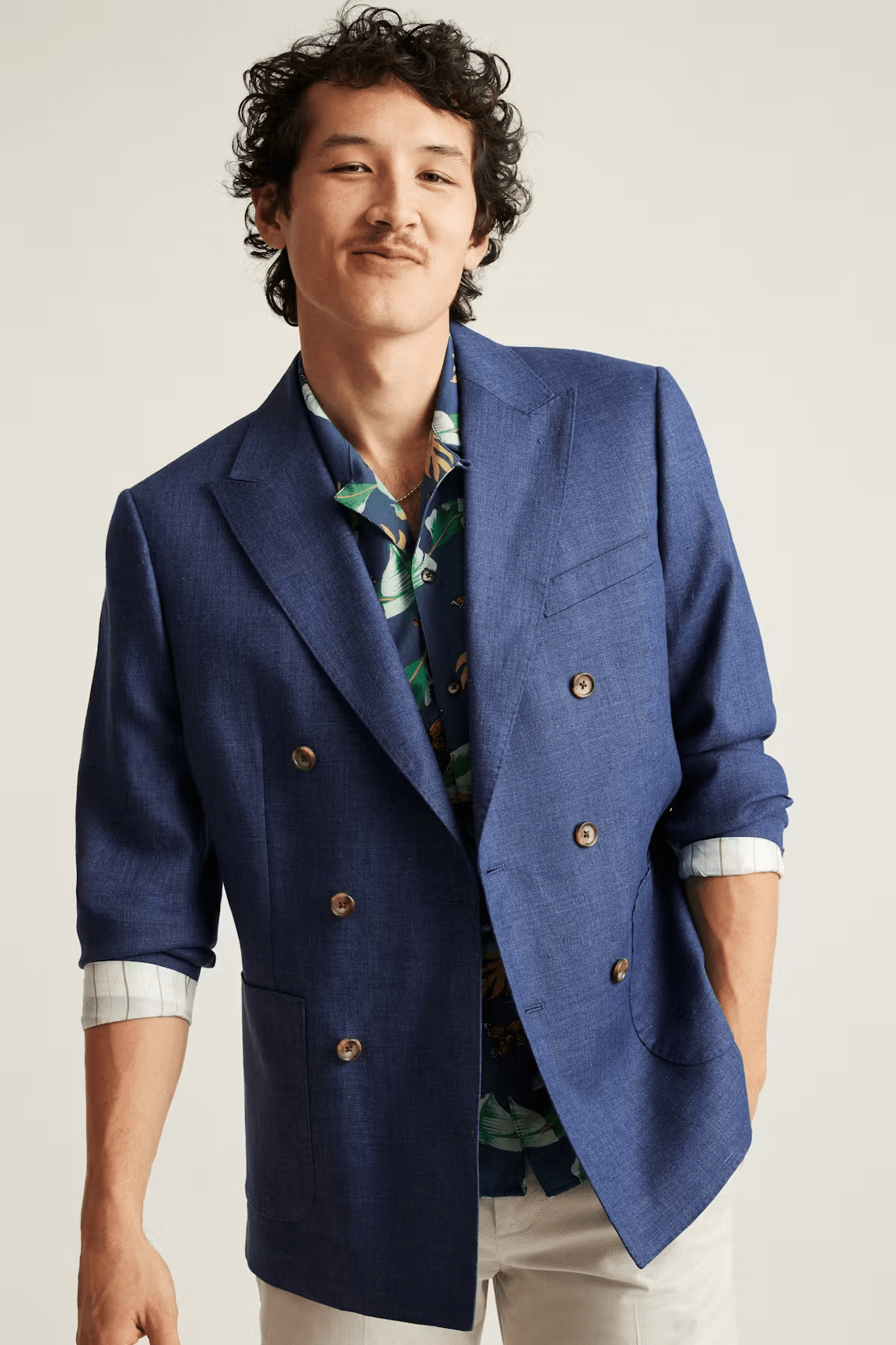 ceehuteey Men's 2 Pieces Summer Linen Double Breasted Cotton Navy Leisure Peak lapel Suit (Blazer+Pants)