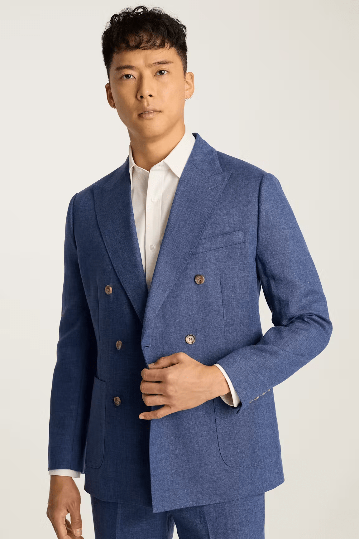 ceehuteey Men's 2 Pieces Summer Linen Double Breasted Cotton Navy Leisure Peak lapel Suit (Blazer+Pants)