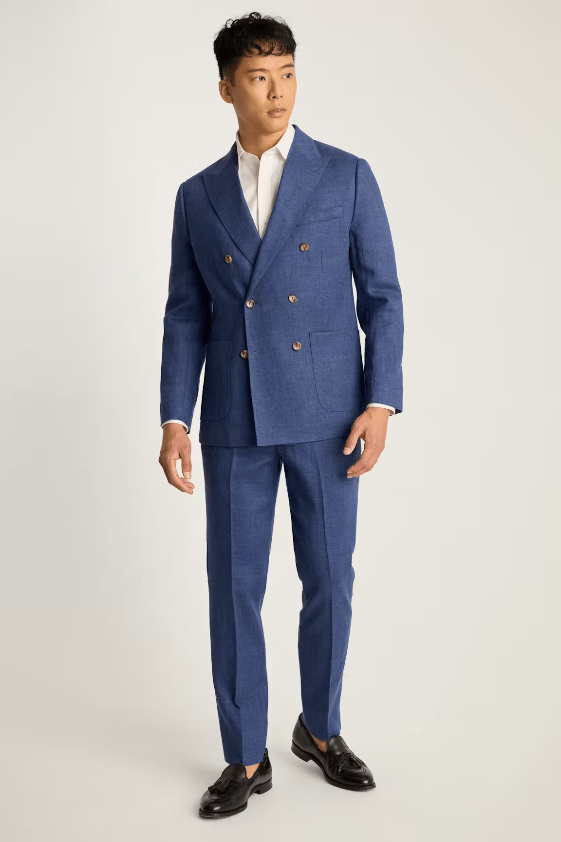 ceehuteey Men's 2 Pieces Summer Linen Double Breasted Cotton Navy Leisure Peak lapel Suit (Blazer+Pants)