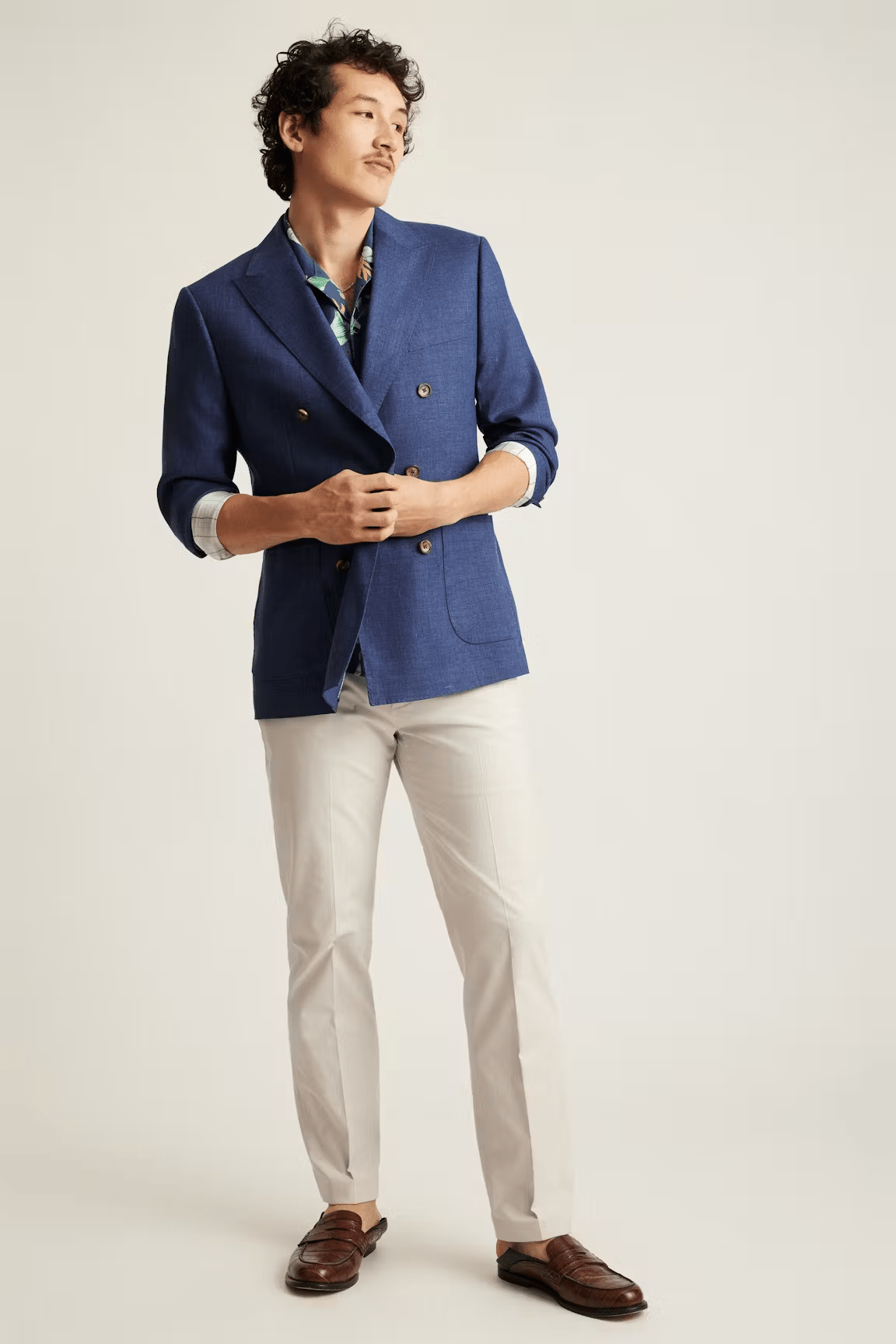 ceehuteey Men's 2 Pieces Summer Linen Double Breasted Cotton Navy Leisure Peak lapel Suit (Blazer+Pants)