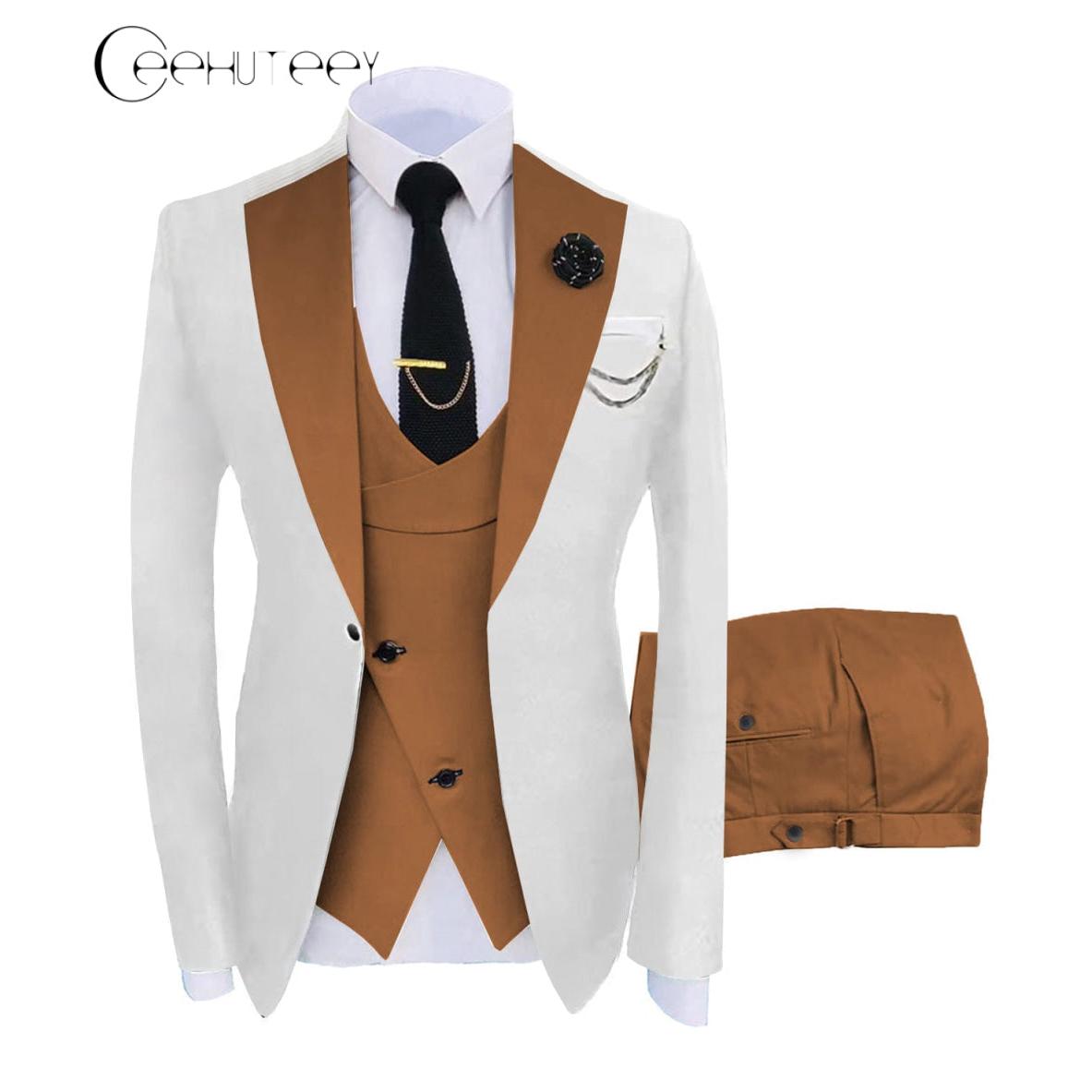 ceehuteey Men's 3 Piece Suits Slim Fit Notch Lapel Western Tuxedos (White Blazer+Vest+ Pant)