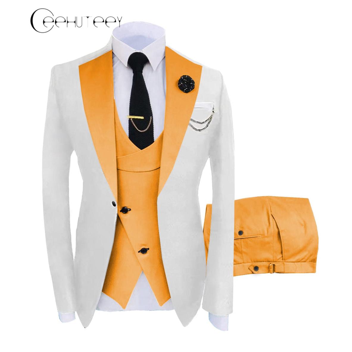 ceehuteey Men's 3 Piece Suits Slim Fit Notch Lapel Western Tuxedos (White Blazer+Vest+ Pant)