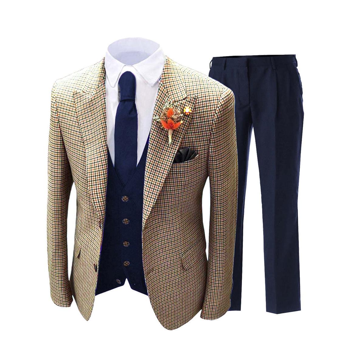 ceehuteey Men's 3 Pieces Checked Houndstooth Peak Lapel Tuxedos (Blazer+vest+Pants)
