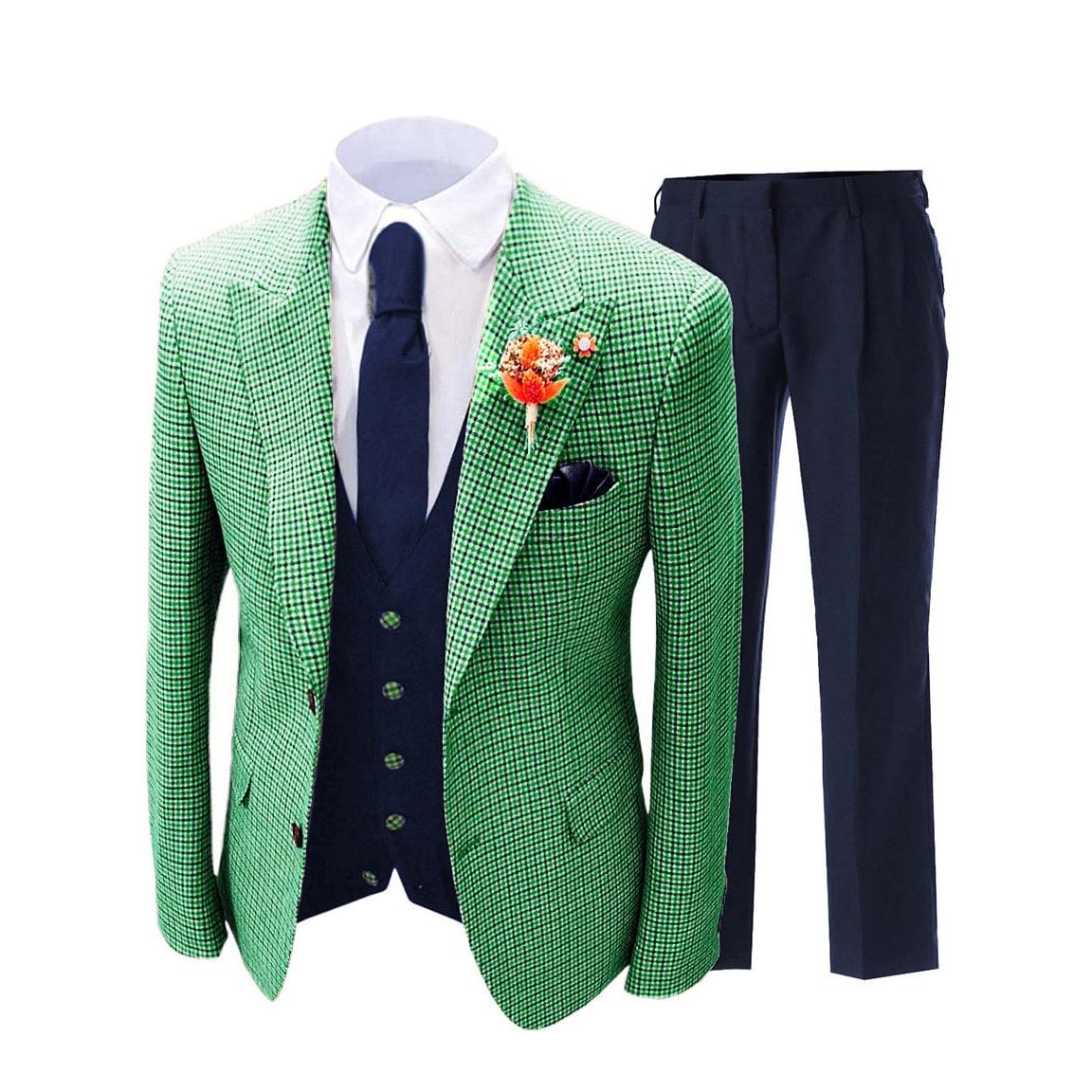 ceehuteey Men's 3 Pieces Checked Houndstooth Peak Lapel Tuxedos (Blazer+vest+Pants)