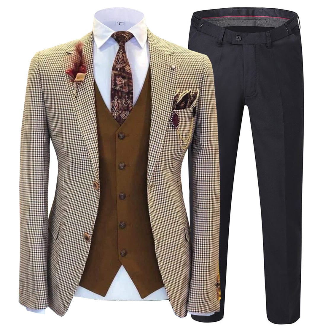 ceehuteey Men's 3 Pieces Checked Peak Lapel Tuxedos (Blazer+vest+Pants)
