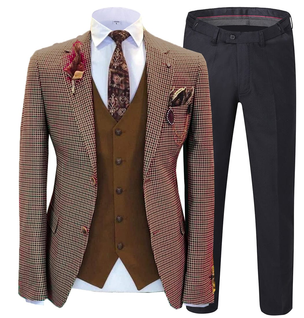 ceehuteey Men's 3 Pieces Checked Peak Lapel Tuxedos (Blazer+vest+Pants)