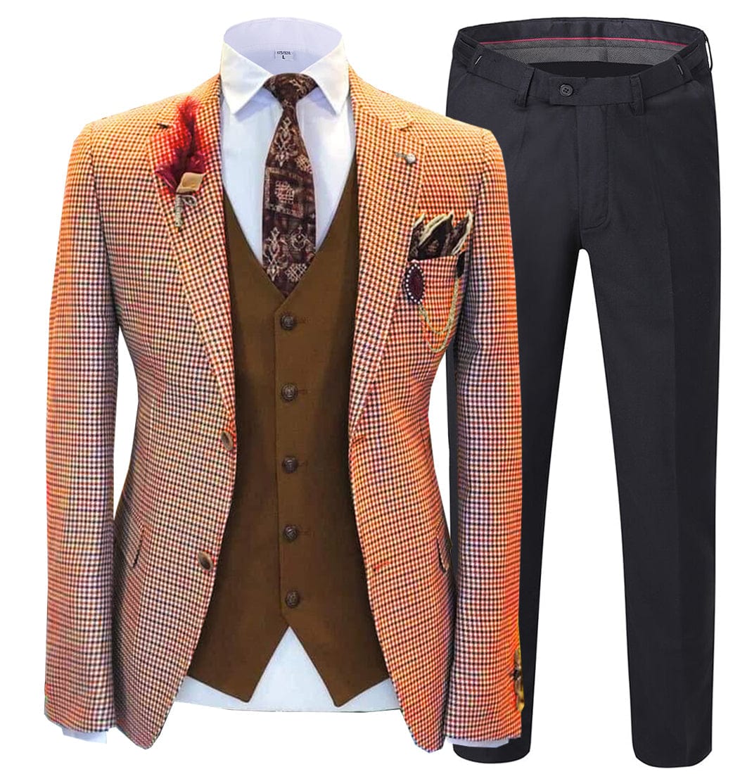 ceehuteey Men's 3 Pieces Checked Peak Lapel Tuxedos (Blazer+vest+Pants)