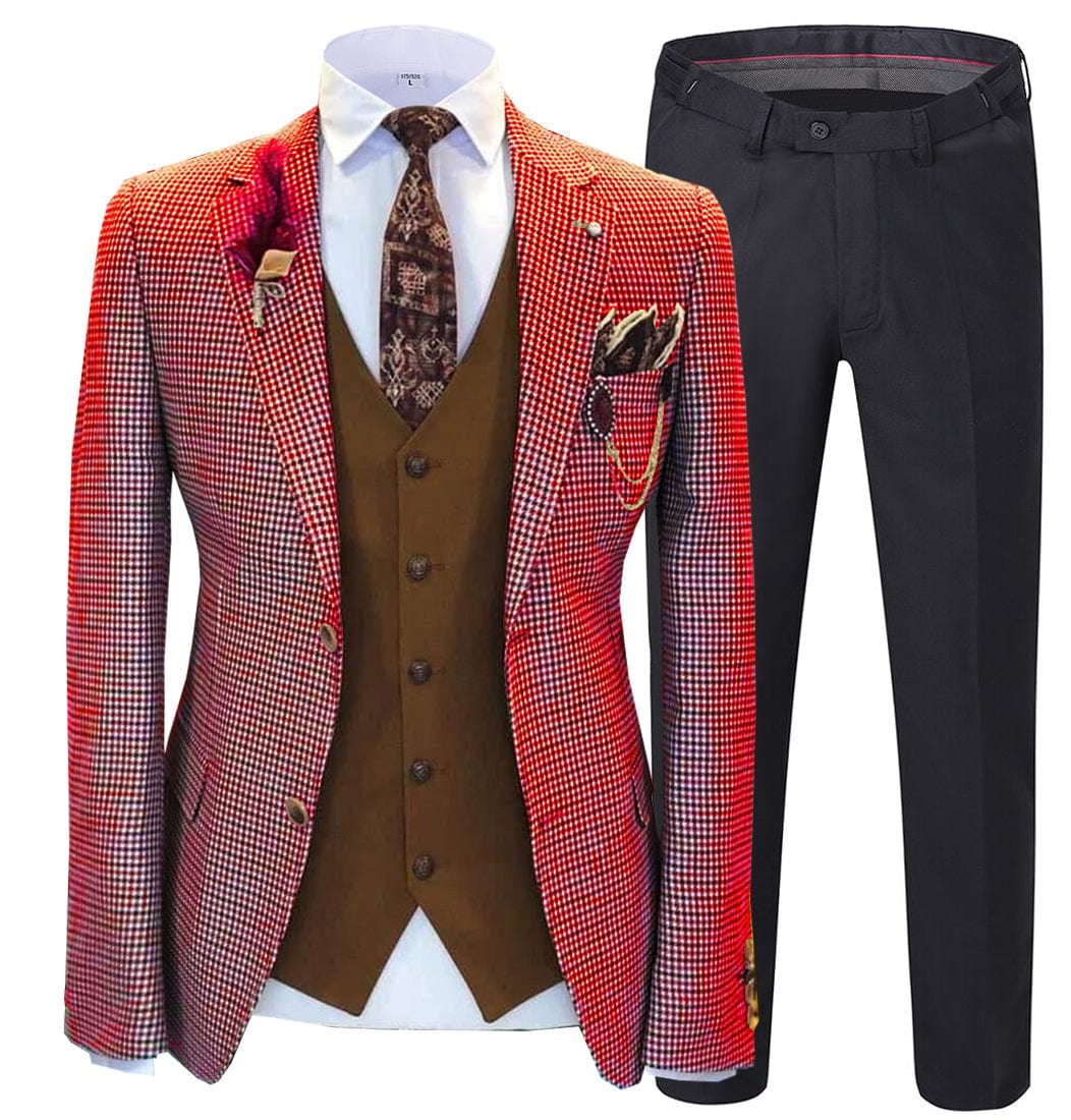 ceehuteey Men's 3 Pieces Checked Peak Lapel Tuxedos (Blazer+vest+Pants)