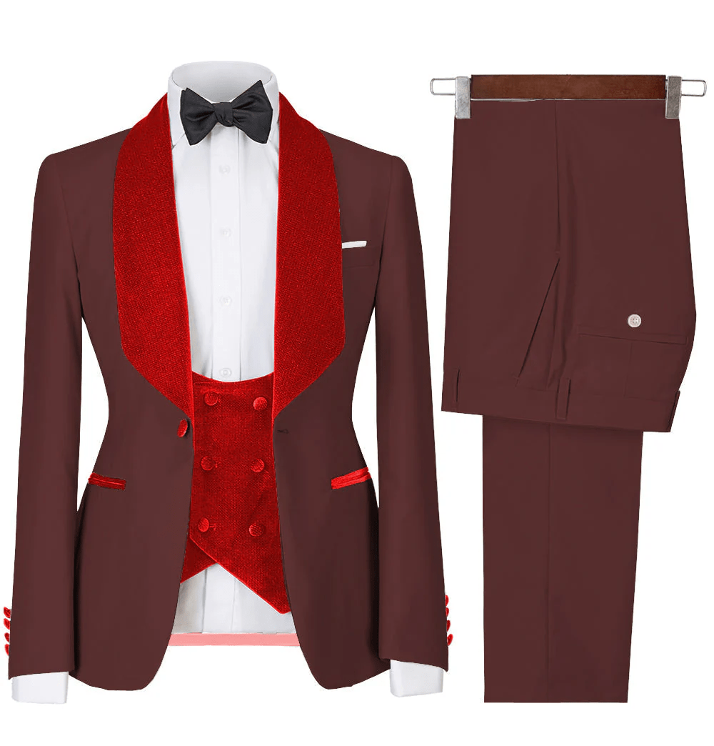 ceehuteey Men's 3 Pieces Leisure Flat Large Lapel Velvet Shawl Lapel Tuxedos for Party