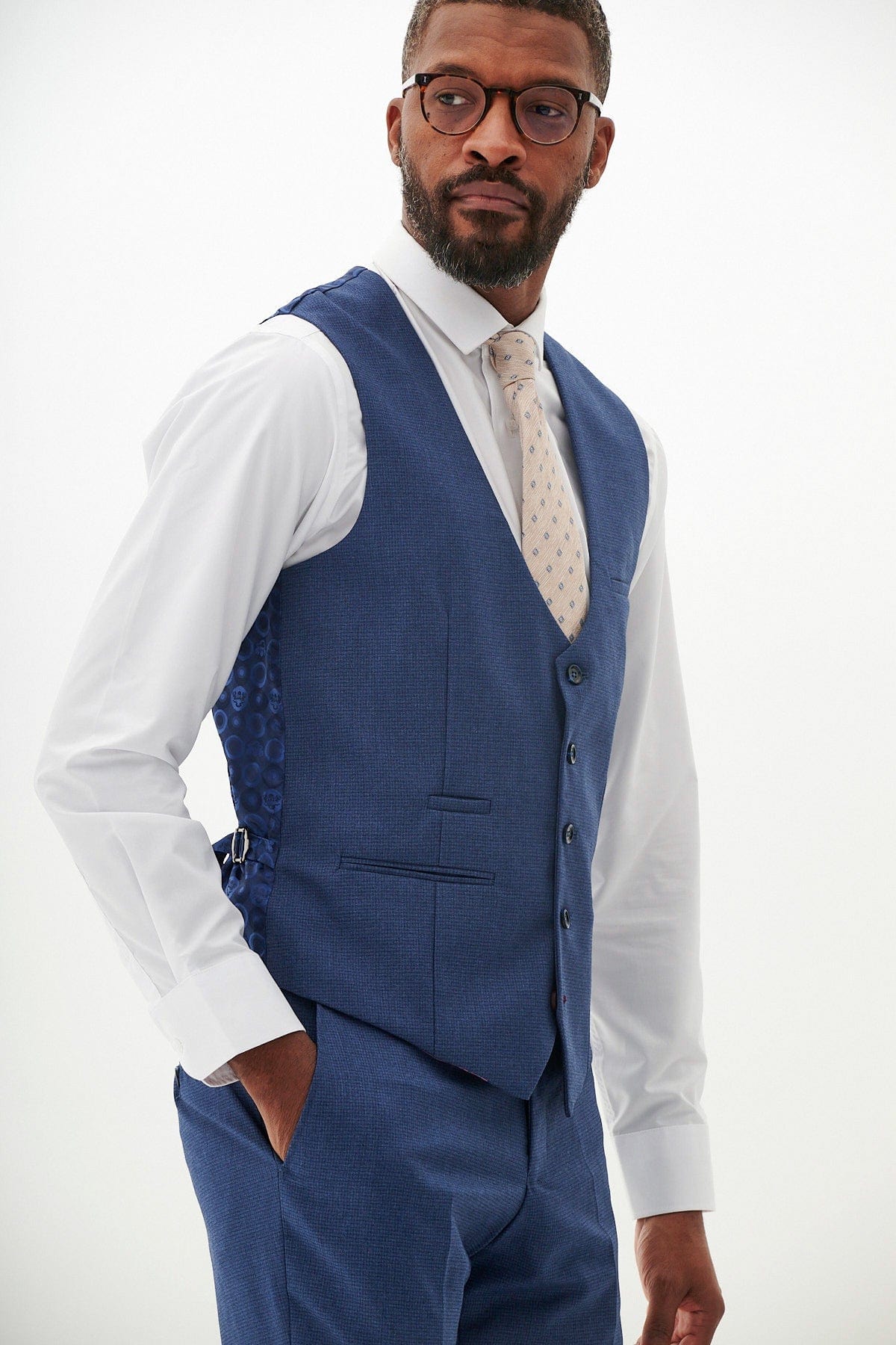 ceehuteey Men's 3 Pieces Navy Tweed Wool Herringbone Fashion Notch Lapel Suit (Blazer+Pants)