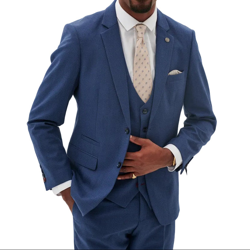 ceehuteey Men's 3 Pieces Navy Tweed Wool Herringbone Fashion Notch Lapel Suit (Blazer+Pants)