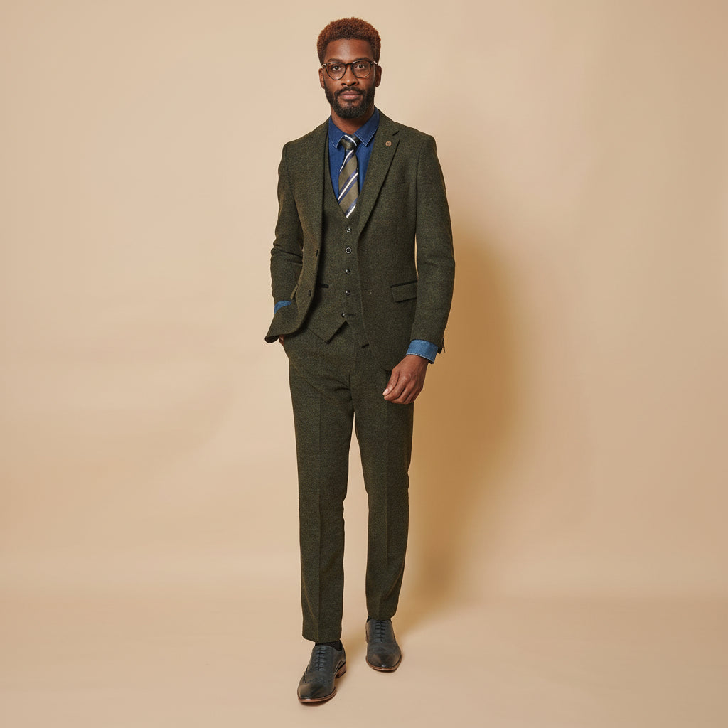 ceehuteey Men's 3 Pieces Olive Green Fashion Formal Tweed Wool Herringbone Notch Lapel Mens Suit (Blazer+vest+Pants)