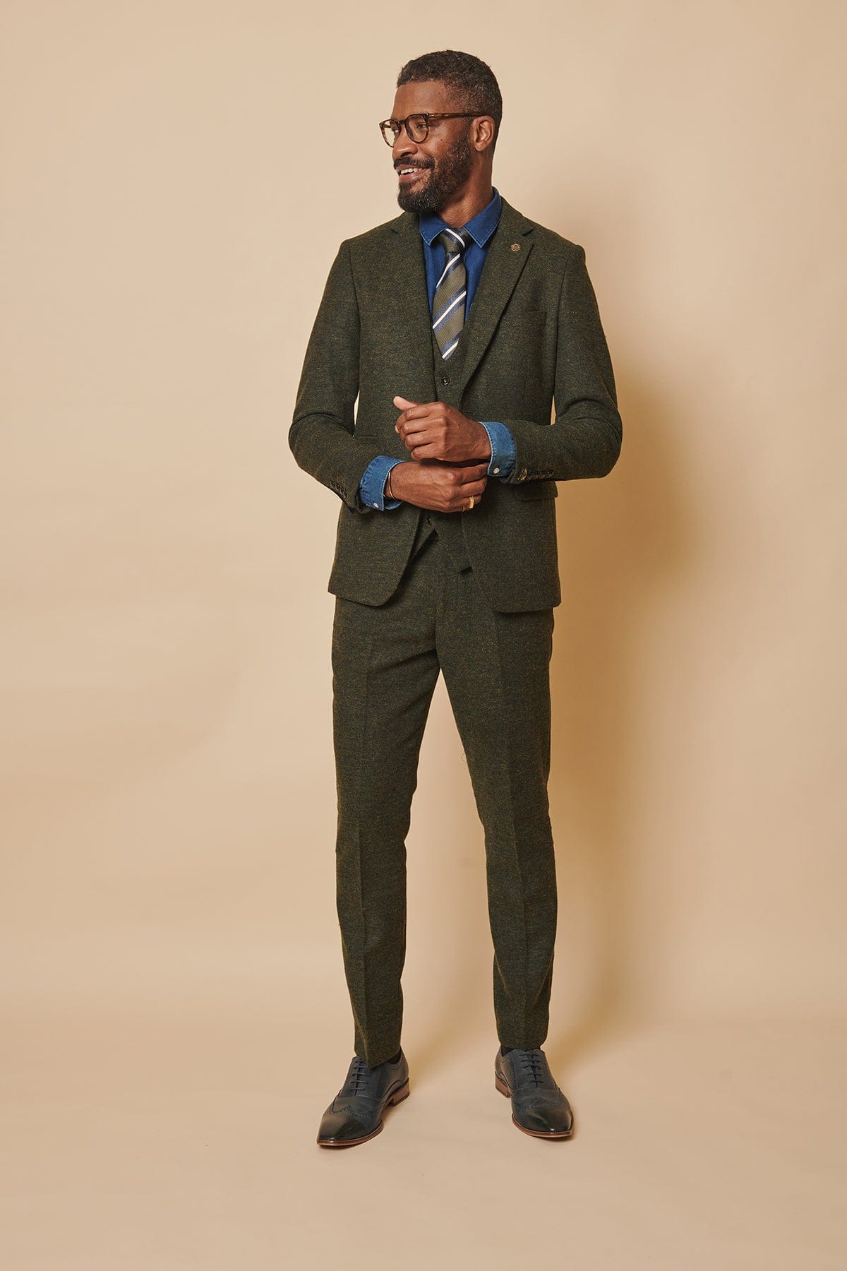 ceehuteey Men's 3 Pieces Olive Green Fashion Formal Tweed Wool Herringbone Notch Lapel Mens Suit (Blazer+vest+Pants)