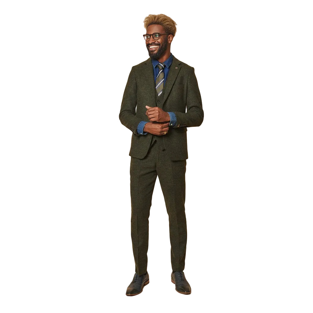 ceehuteey Men's 3 Pieces Olive Green Fashion Formal Tweed Wool Herringbone Notch Lapel Mens Suit (Blazer+vest+Pants)