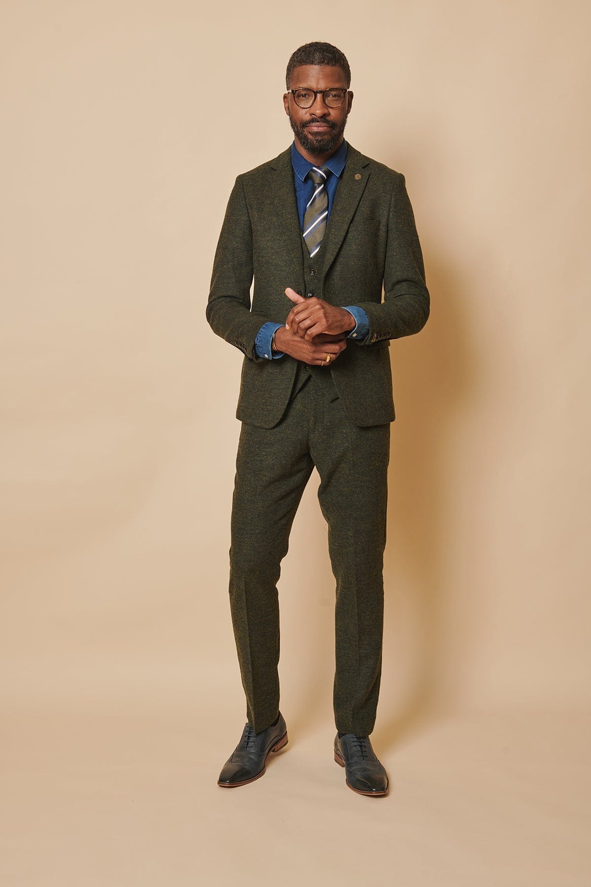 ceehuteey Men's 3 Pieces Olive Green Fashion Formal Tweed Wool Herringbone Notch Lapel Mens Suit (Blazer+vest+Pants)