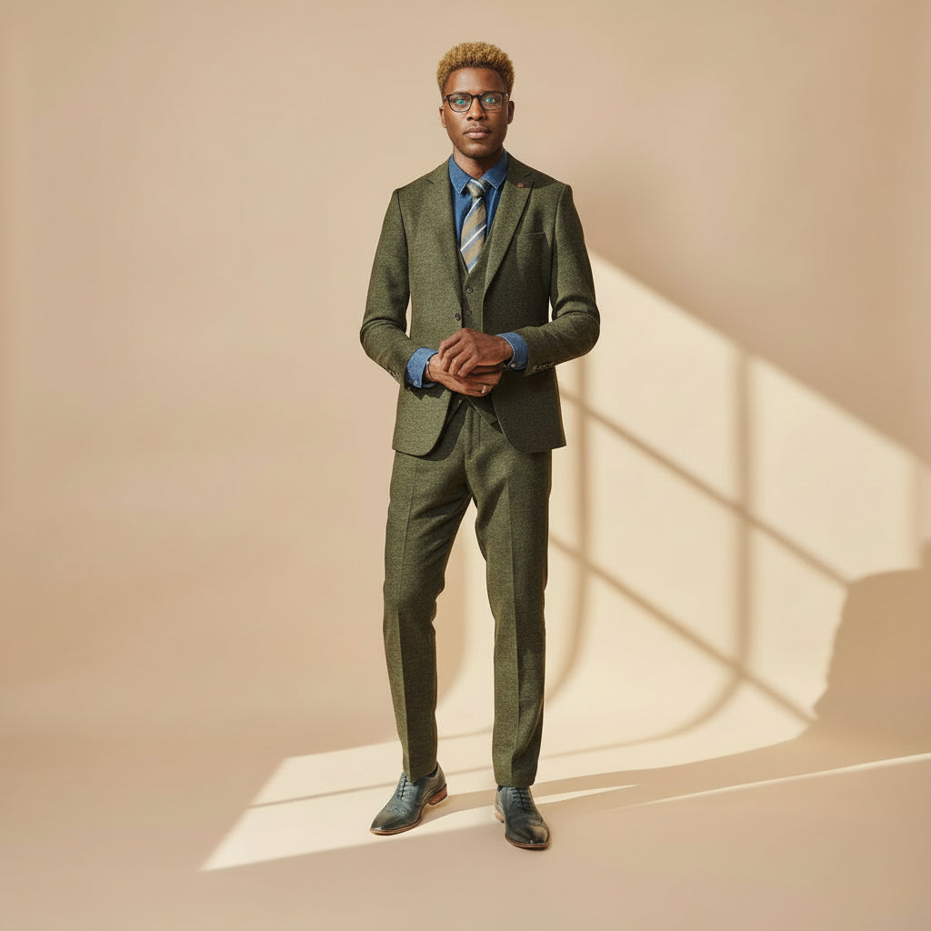 ceehuteey Men's 3 Pieces Olive Green Fashion Formal Tweed Wool Herringbone Notch Lapel Mens Suit (Blazer+vest+Pants)